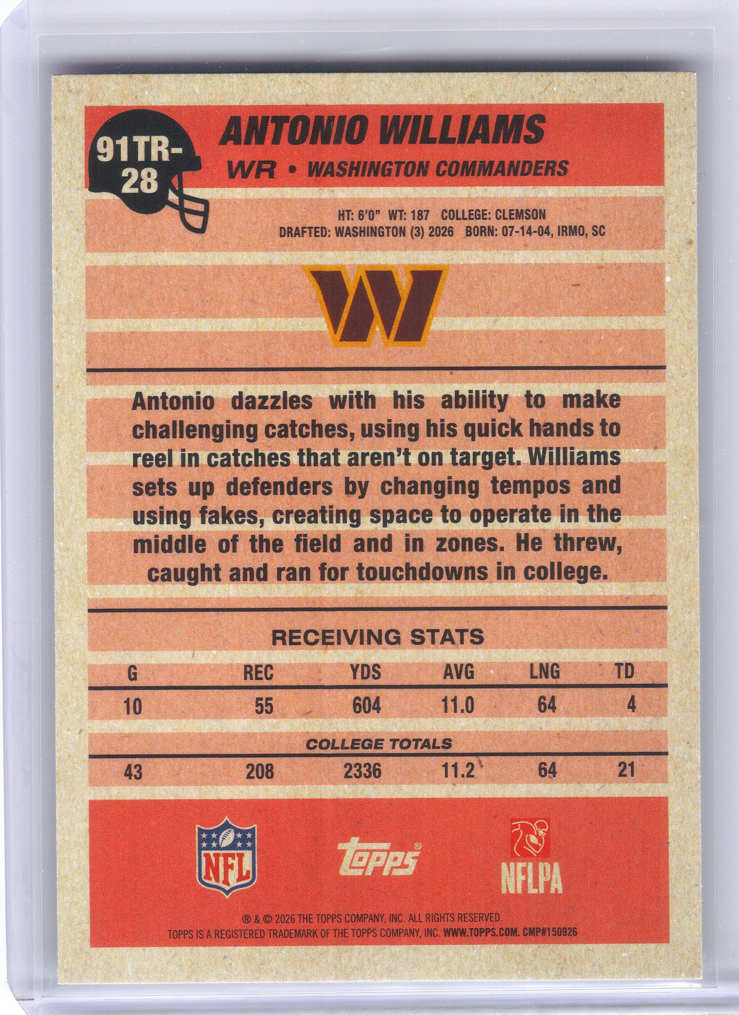 2026 Topps Flagship #91TR-28 Antonio Williams 1991 Topps Football Rookies Washington Commanders
