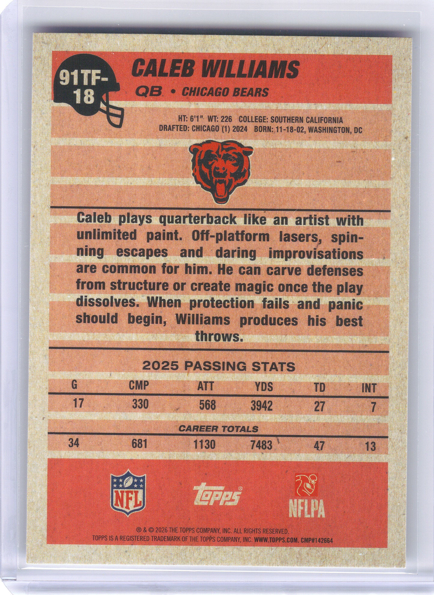 2026 Topps Flagship #91TF-18 Caleb Williams 1991 Topps Football Chicago Bears