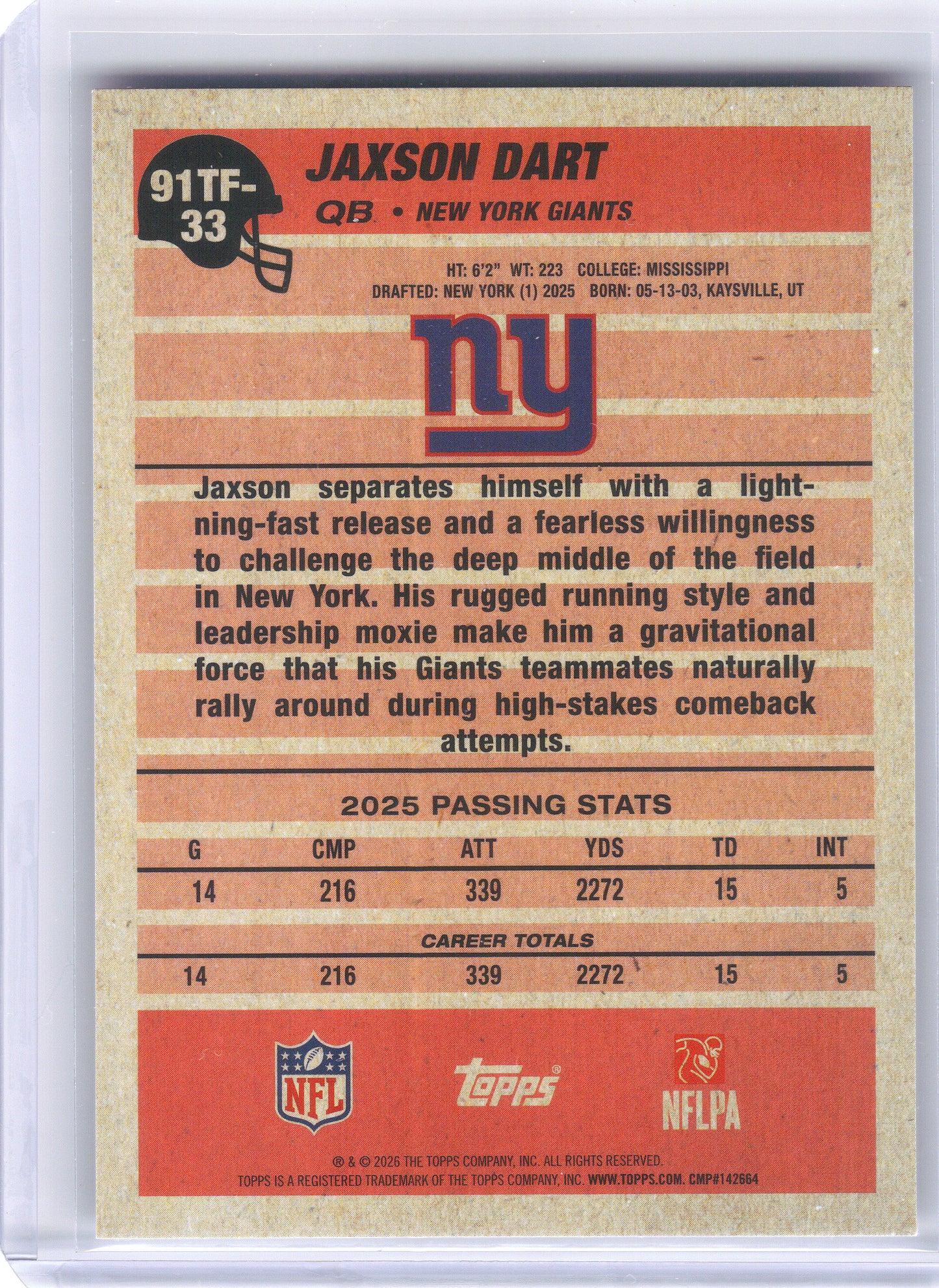 2026 Topps Flagship #91TF-33 Jaxson Dart 1991 Topps Football New York Giants