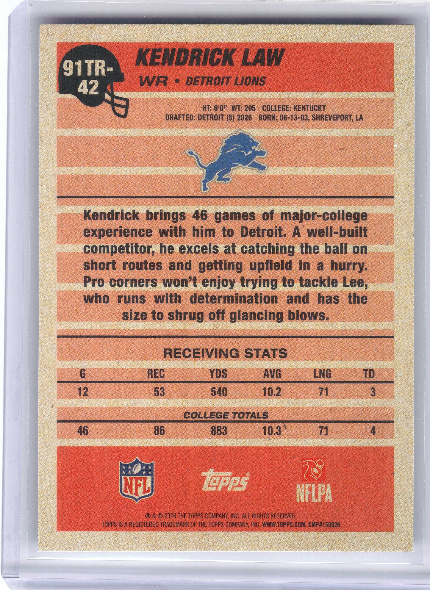 2026 Topps Flagship #91TR-42 Kendrick Law 1991 Topps Football Rookies Detroit Lions