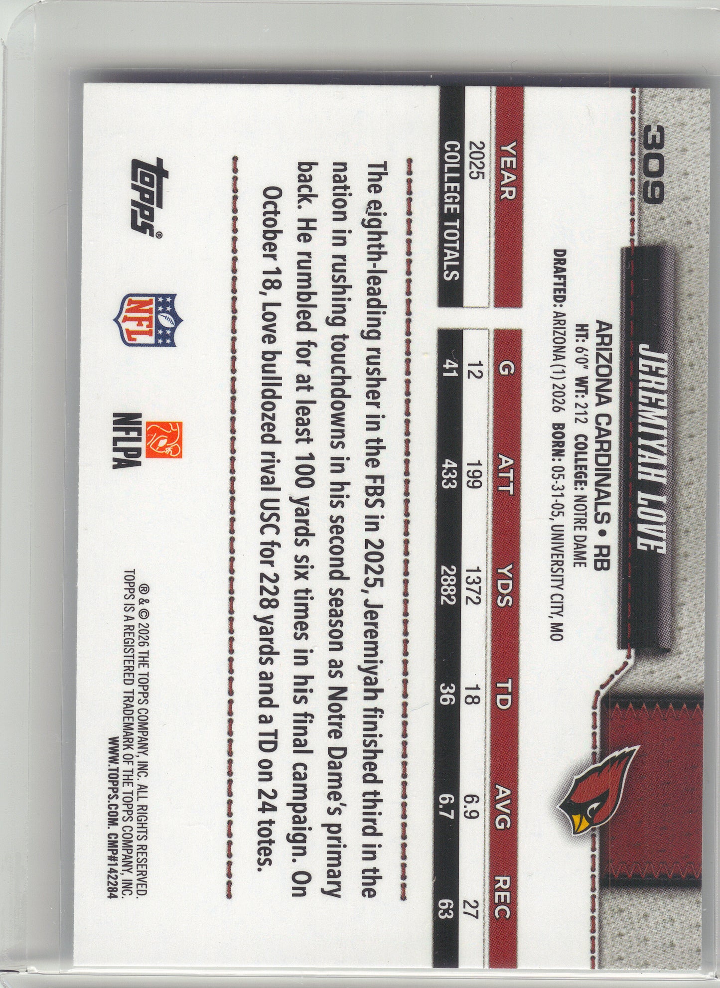 2026 Topps Flagship #309 Jeremiyah Love Arizona Cardinals RC