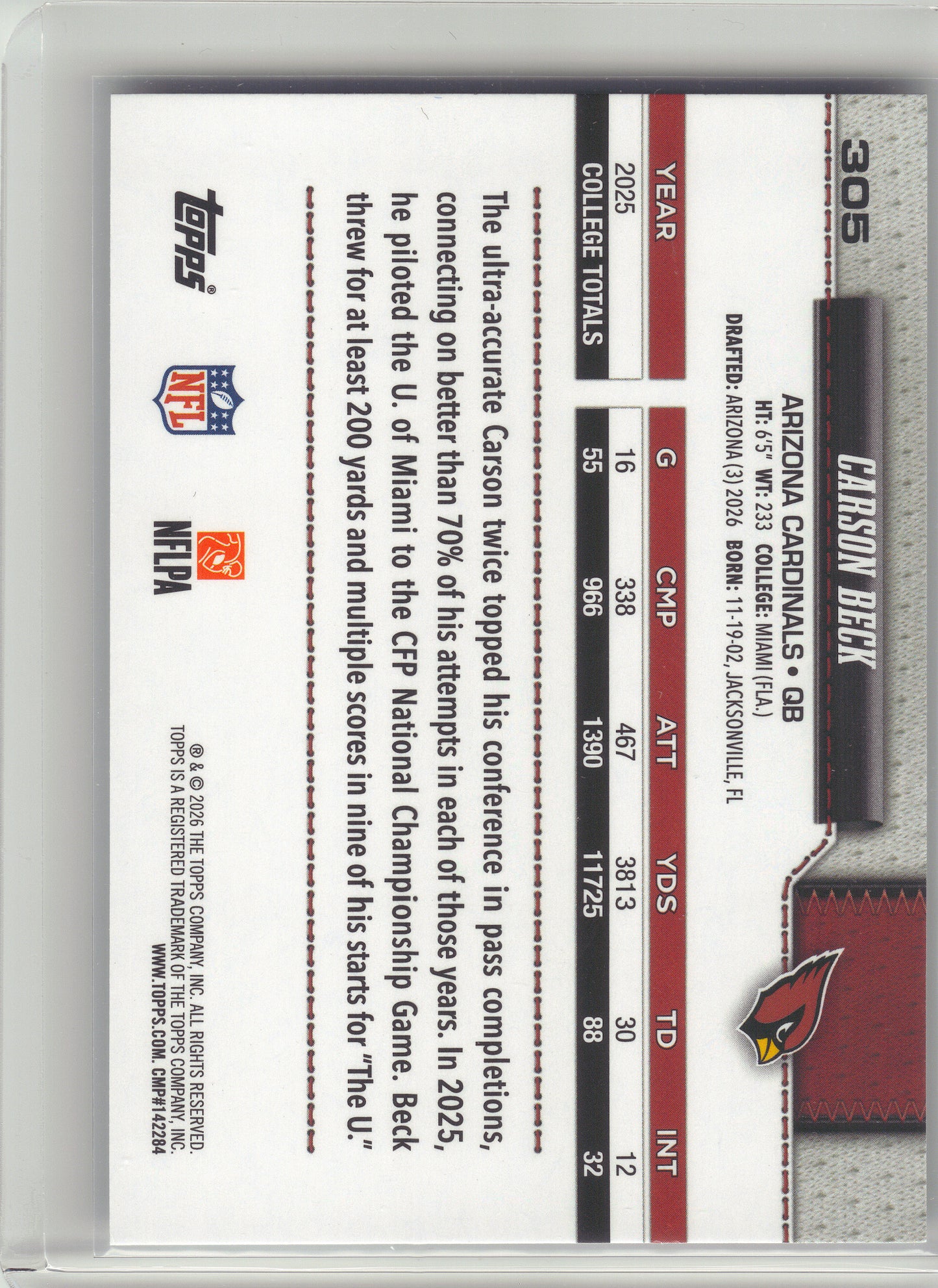 2026 Topps Flagship #305 Carson Beck Arizona Cardinals RC