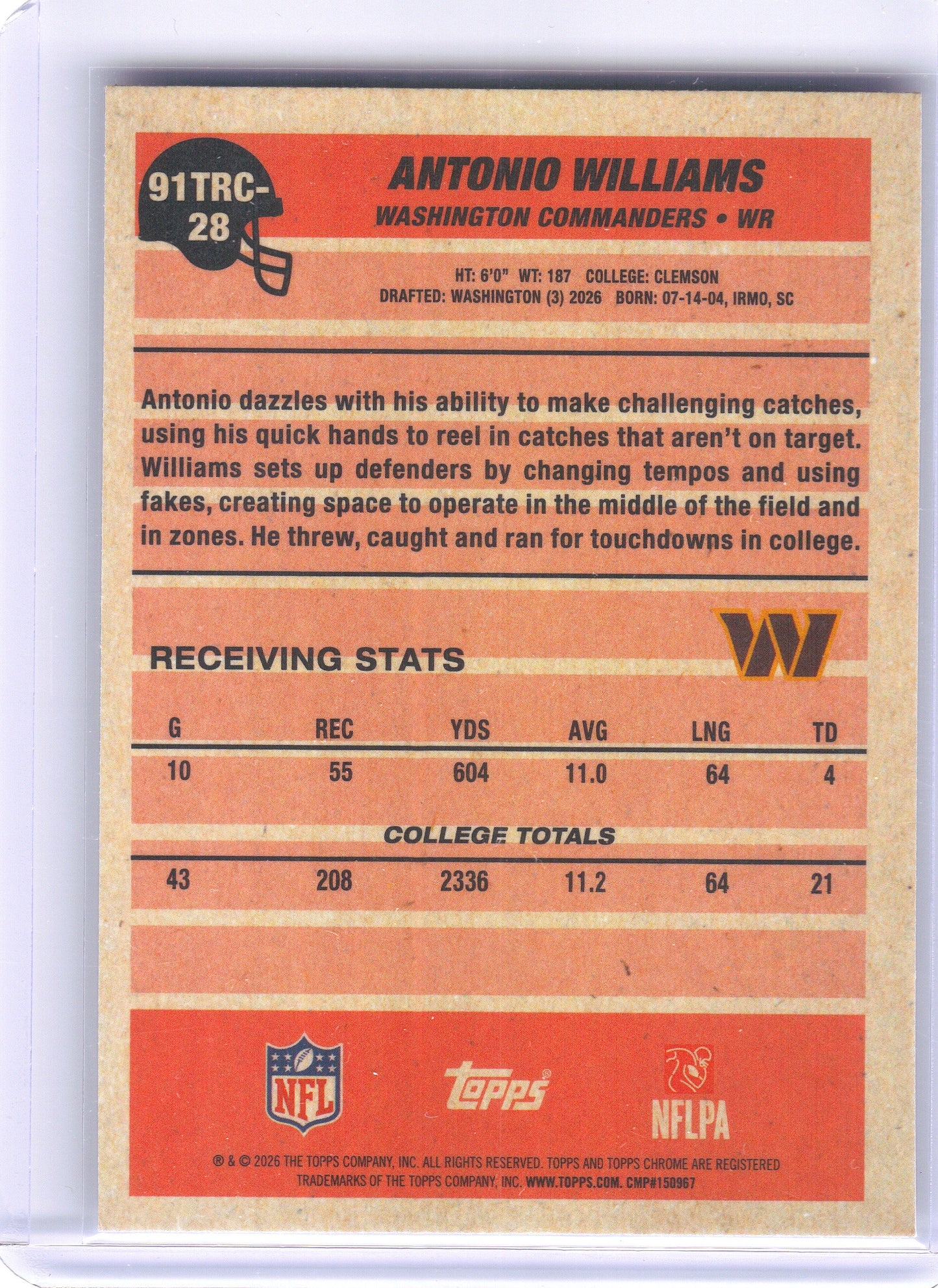 2026 Topps Flagship #91TRC-28 Antonio Williams 1991 Topps Football Rookies Chrome Washington Commanders
