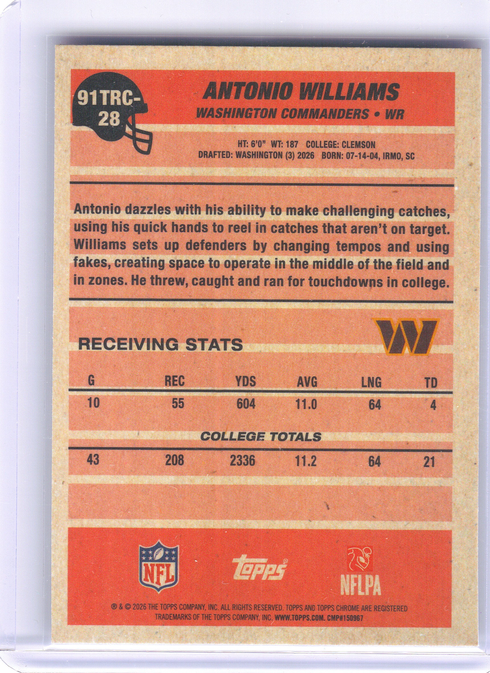 2026 Topps Flagship #91TRC-28 Antonio Williams 1991 Topps Football Rookies Chrome Washington Commanders