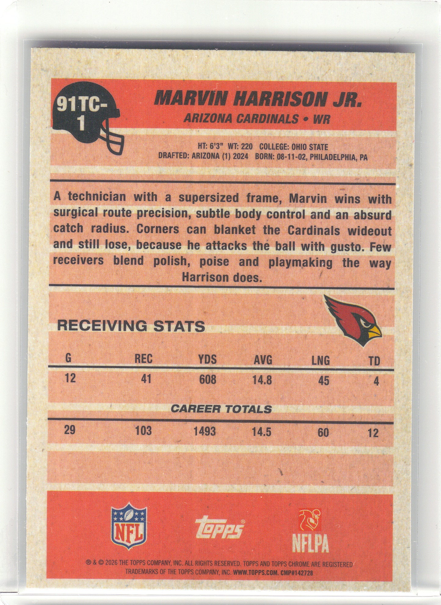 2026 Topps Flagship #91TC-1 Marvin Harrison Jr. 1991 Topps Football Chrome Arizona Cardinals