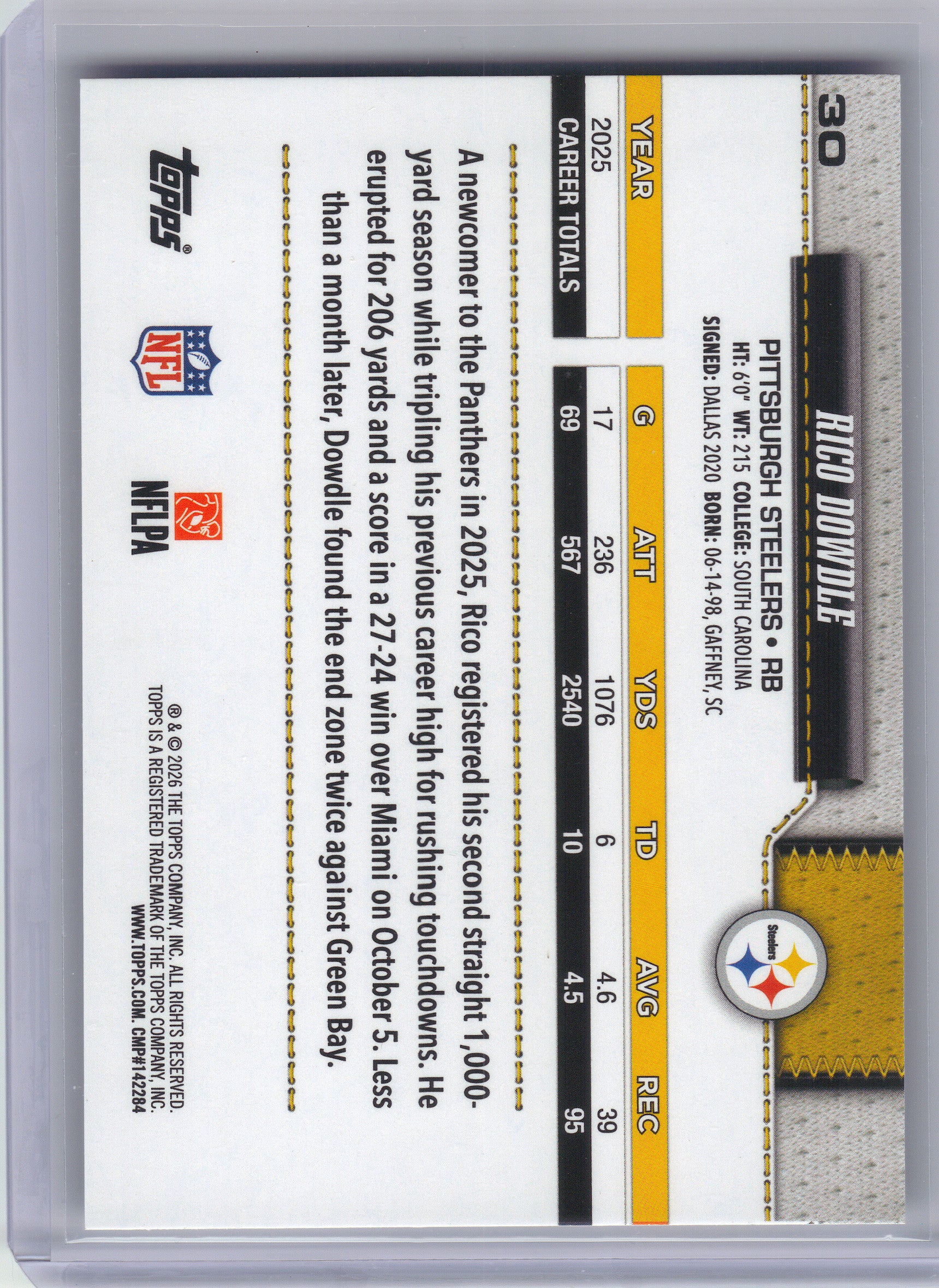 2026 Topps Flagship #30 Rico Dowdle Holo Foil Pittsburgh Steelers