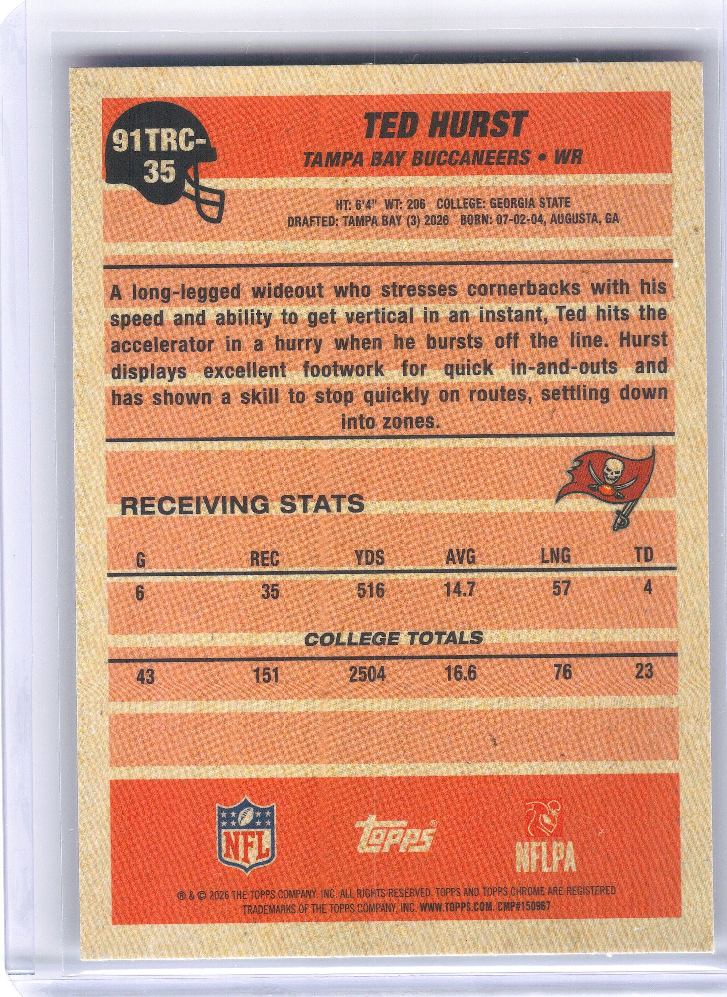 2026 Topps Flagship #91TRC-35 Ted Hurst 1991 Topps Football Rookies Chrome Tampa Bay Buccaneers
