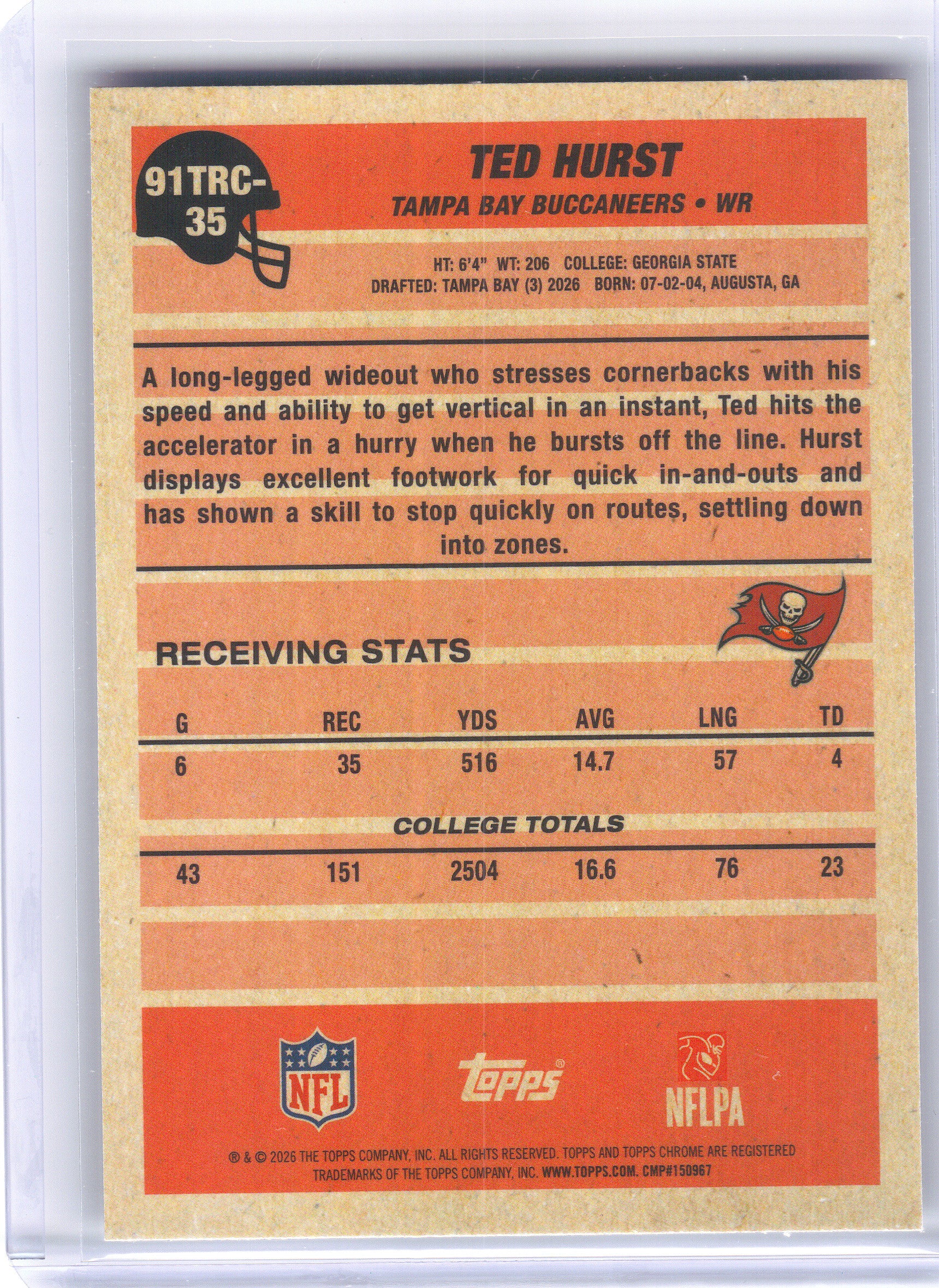 2026 Topps Flagship #91TRC-35 Ted Hurst 1991 Topps Football Rookies Chrome Tampa Bay Buccaneers
