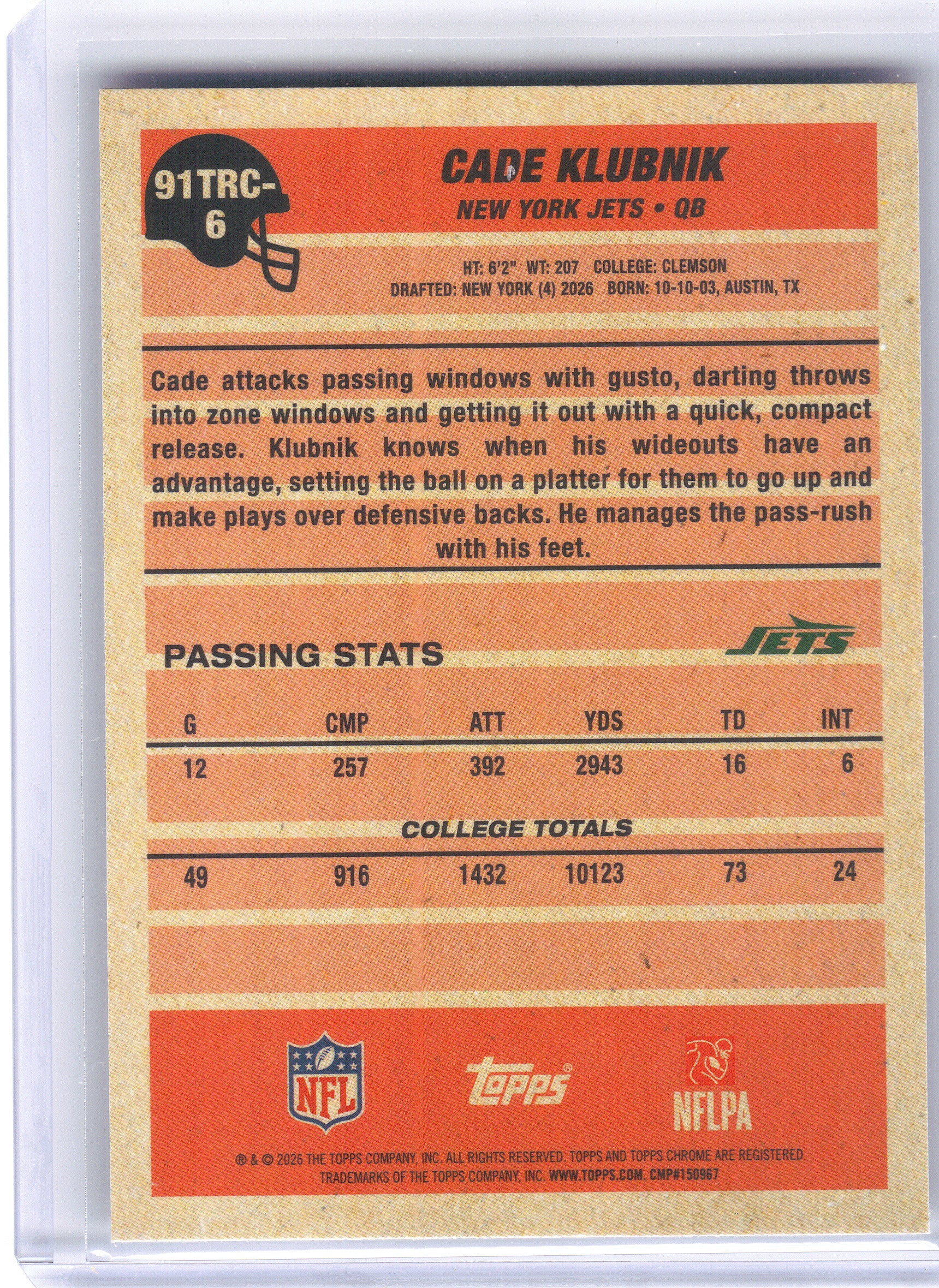2026 Topps Flagship #91TRC-38 Kenyon Sadiq 1991 Topps Football Rookies Chrome New York Jets
