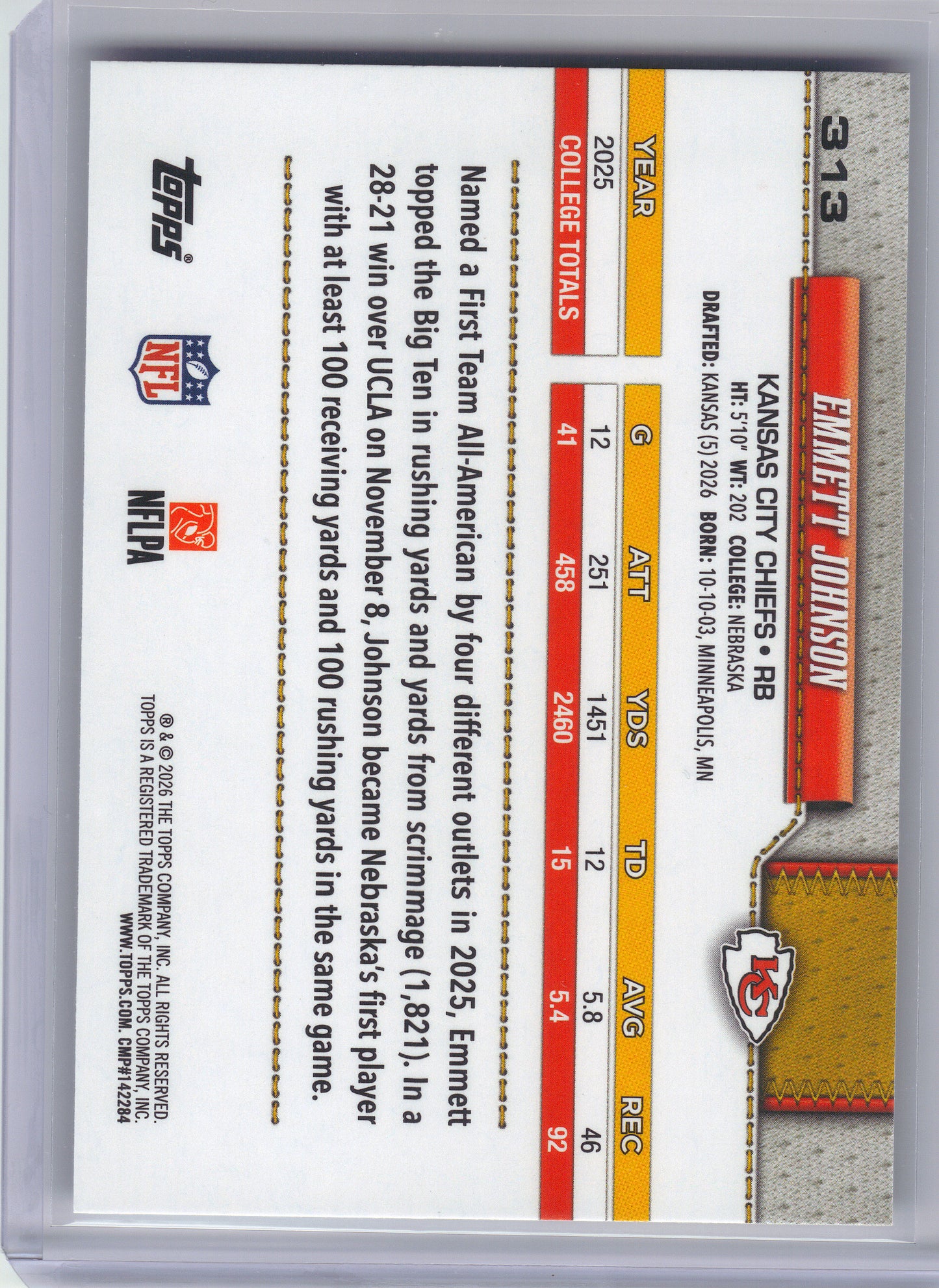 2026 Topps Flagship #313 Emmett Johnson Kansas City Chiefs RC