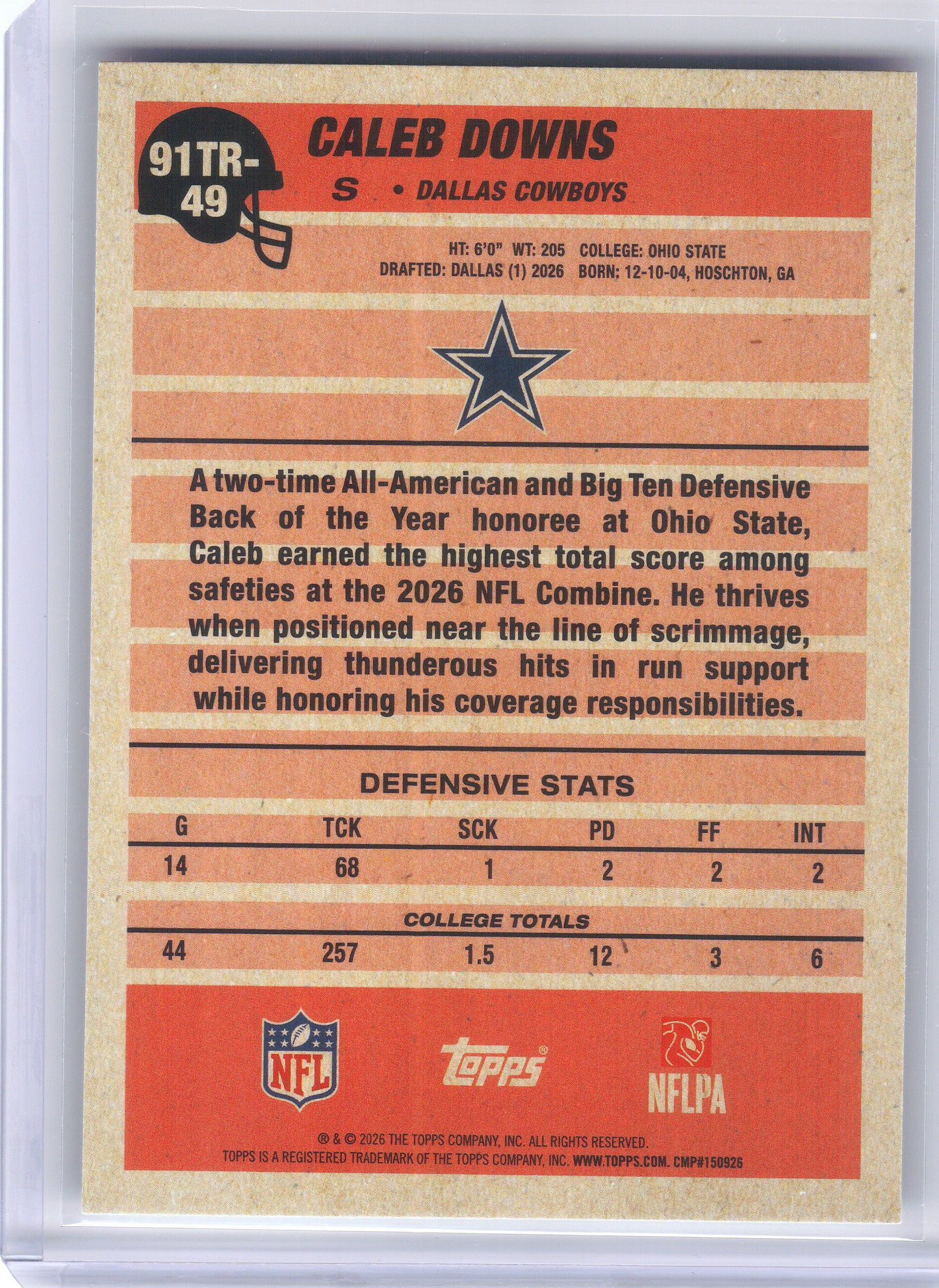 2026 Topps Flagship #91TR-49 Caleb Downs 1991 Topps Football Rookies Dallas Cowboys