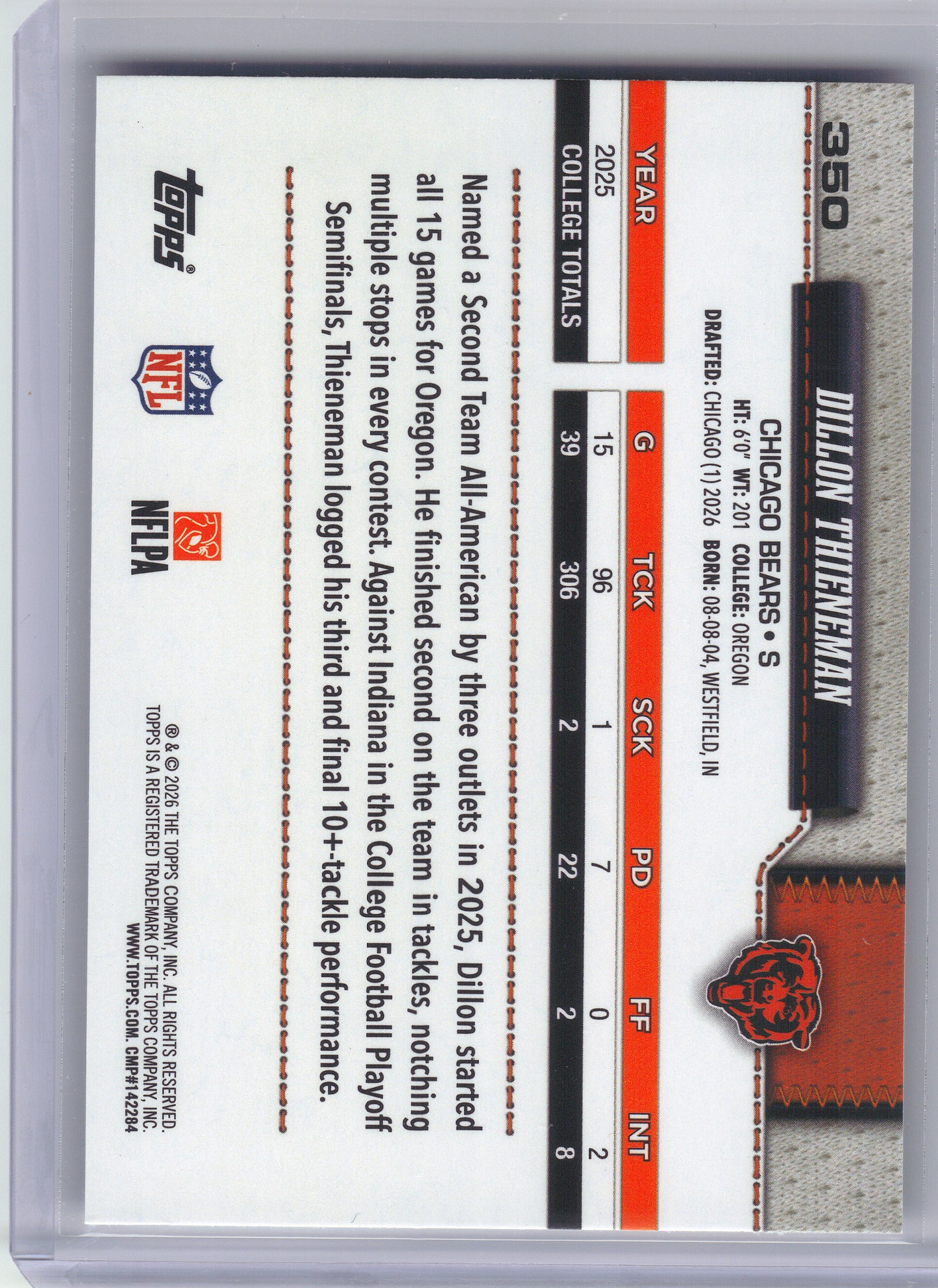 2026 Topps Flagship #350 Dillon Thieneman Chicago Bears RC