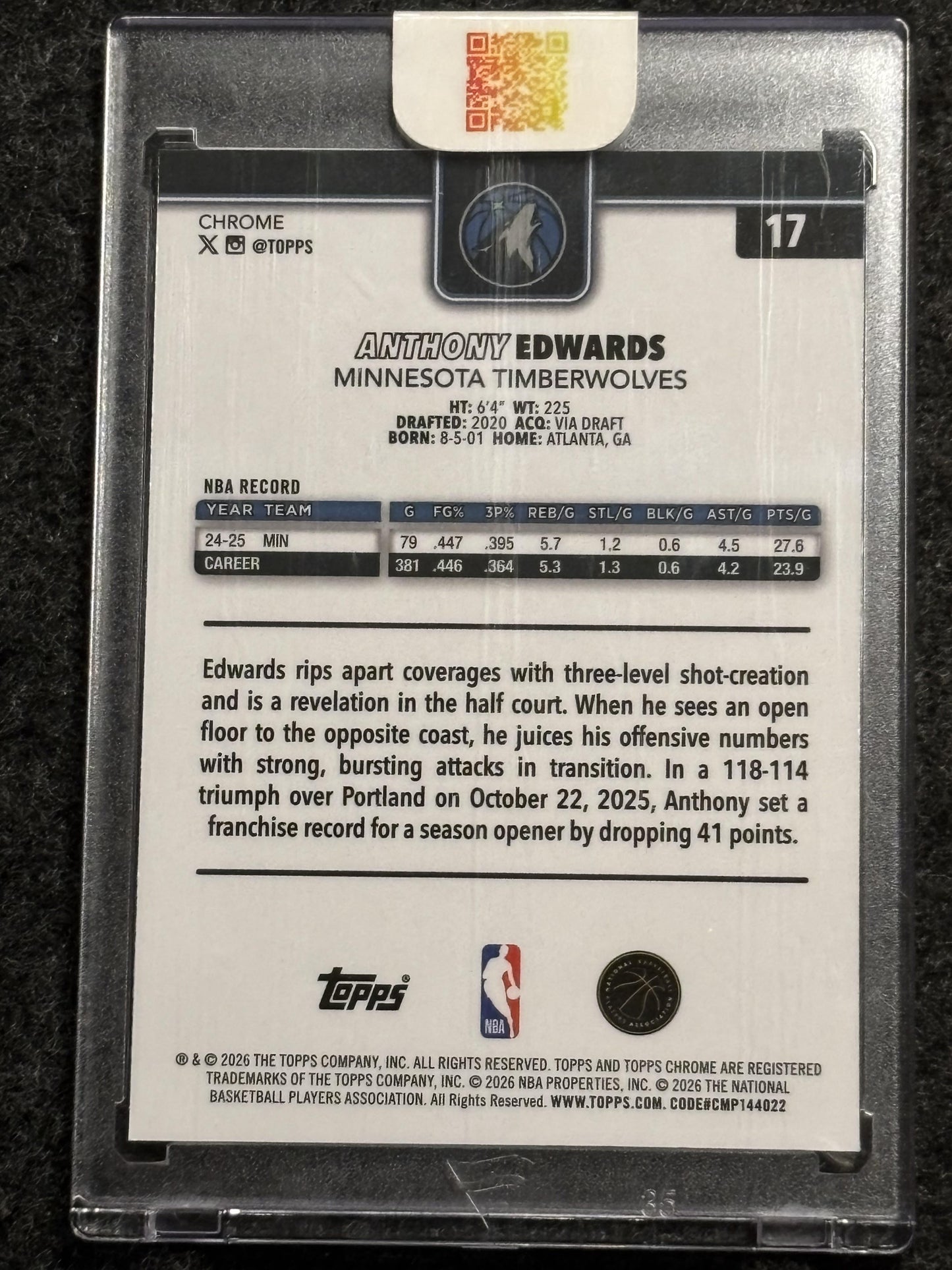 2025-26 Topps Chrome Update #17 Anthony Edwards Image Variation Speckle SP Minnesota Timberwolves SN