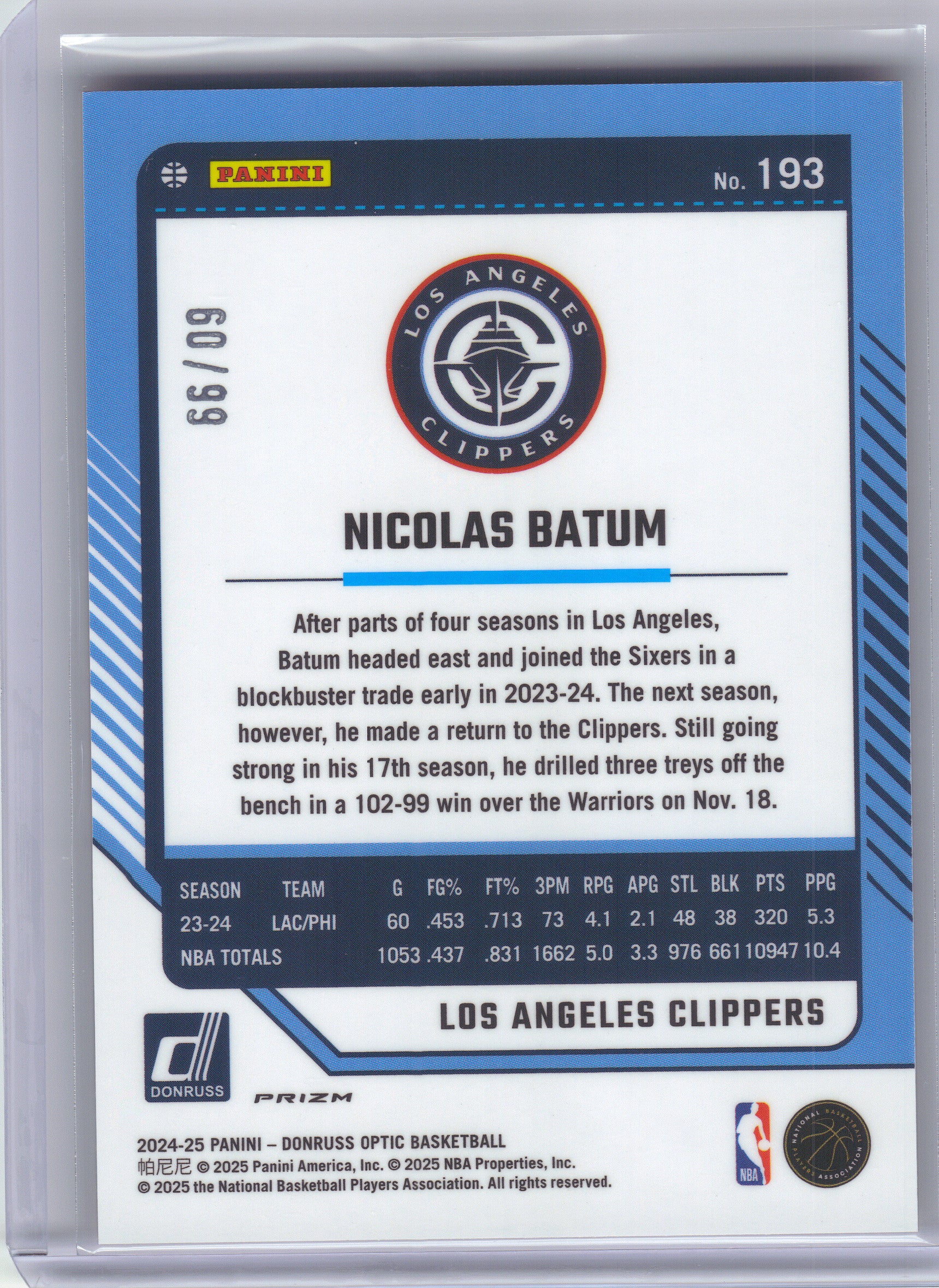 2024-25 Donruss Optic #193 Nicolas Batum Red and Gold International #/99 Los Angeles Clippers SN