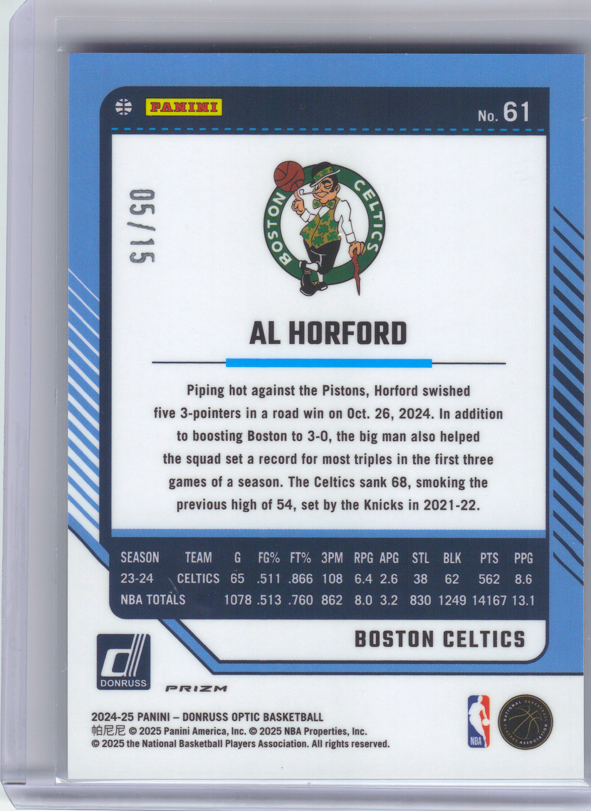 2024-25 Donruss Optic #61 Al Horford White International #/15 Boston Celtics SN