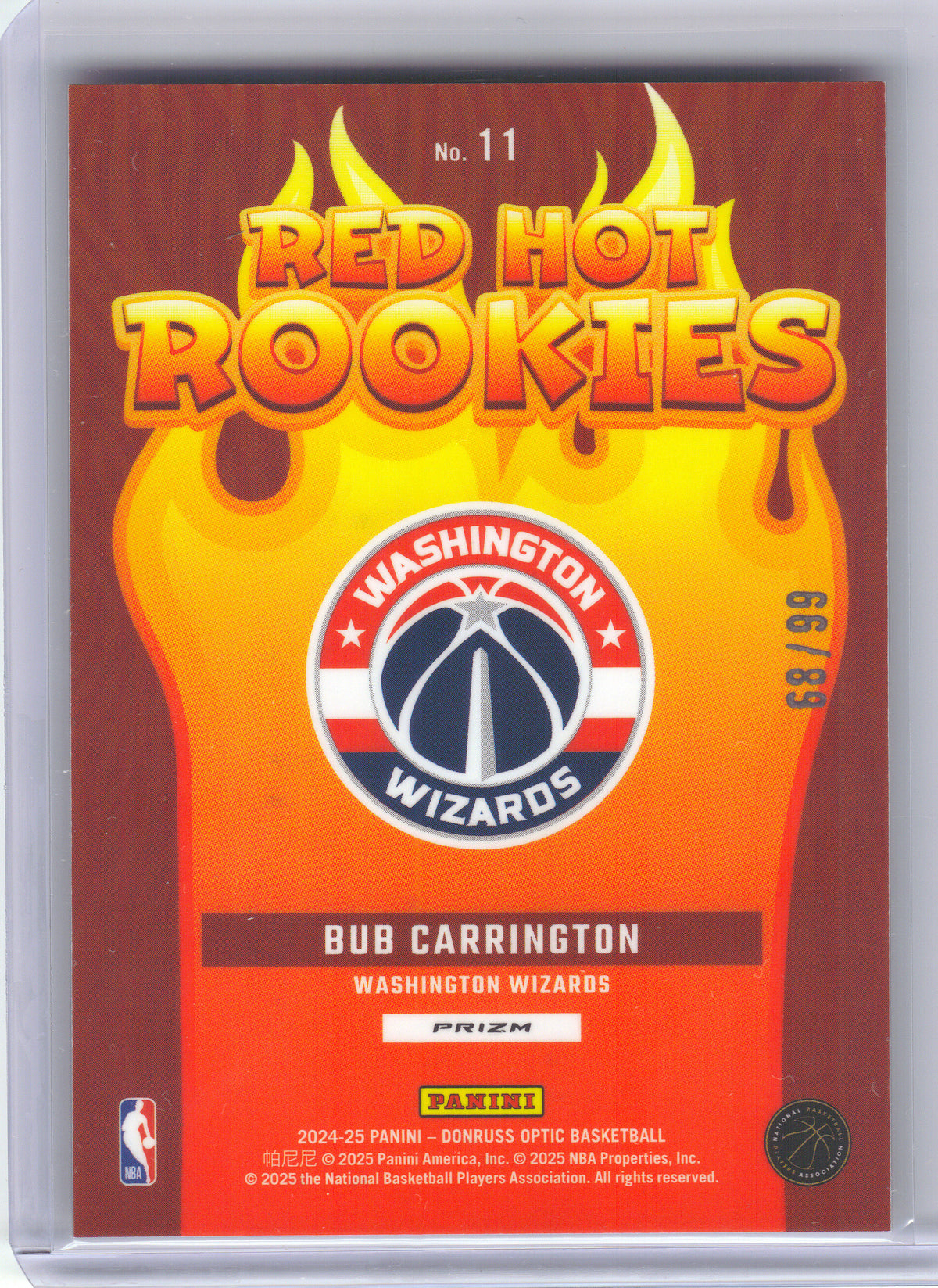 2024-25 Donruss Optic #11 Bub Carrington Red Hot Rookies Red and Gold International #/99 Washington Wizards SN