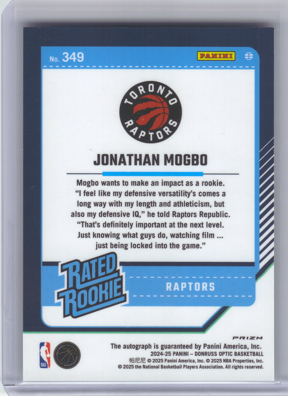 2024-25 Donruss Optic #349 Jonathan Mogbo International Toronto Raptors RC, AU