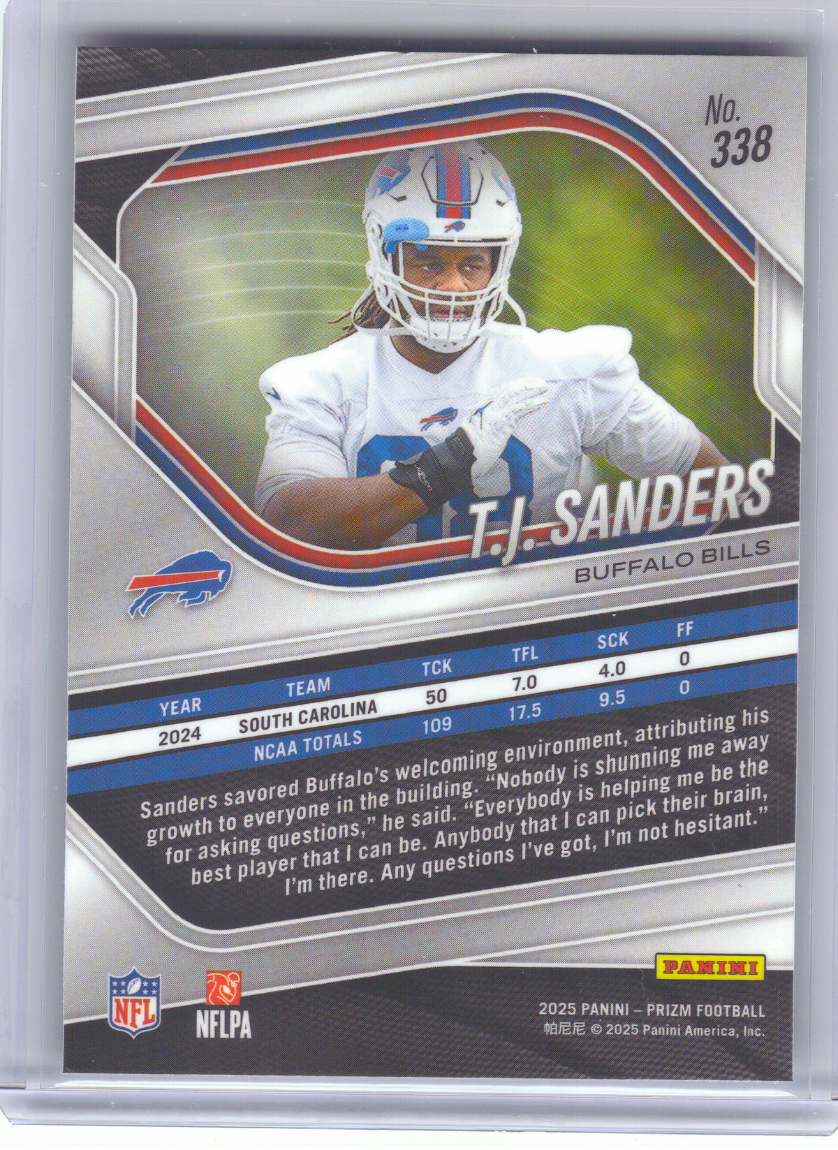 2025 Panini Prizm #338 T.J. Sanders Buffalo Bills RC