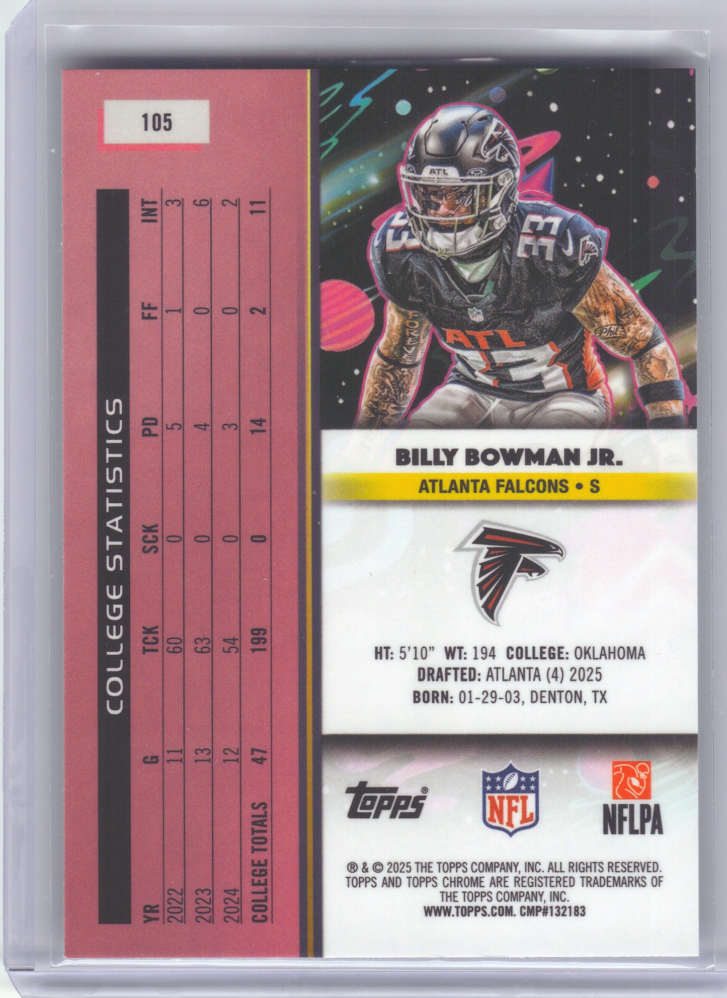 2025 Topps Chrome Cosmic #105 Billy Bowman Jr. Atlanta Falcons RC