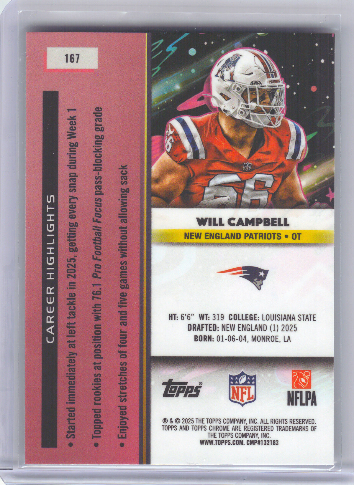 2025 Topps Chrome Cosmic #167 Will Campbell New England Patriots RC