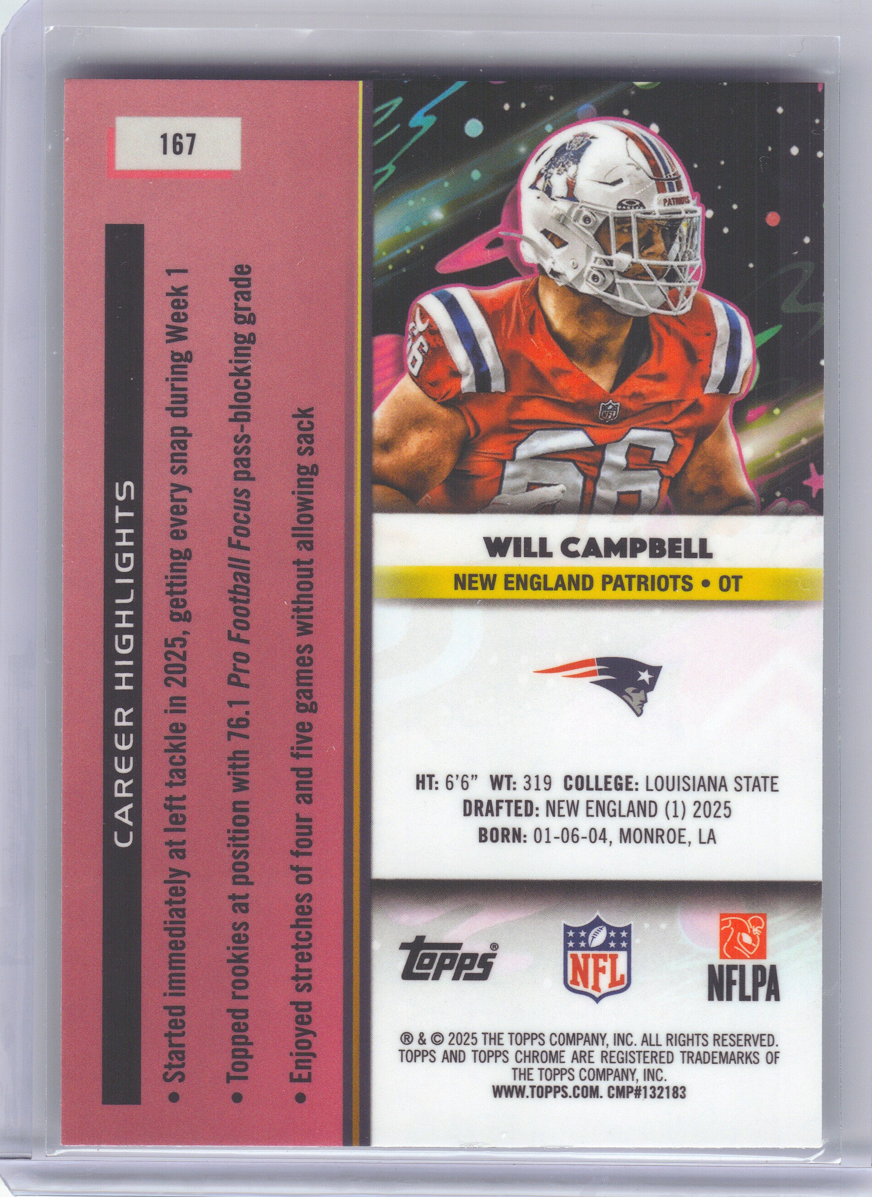2025 Topps Chrome Cosmic #167 Will Campbell New England Patriots RC