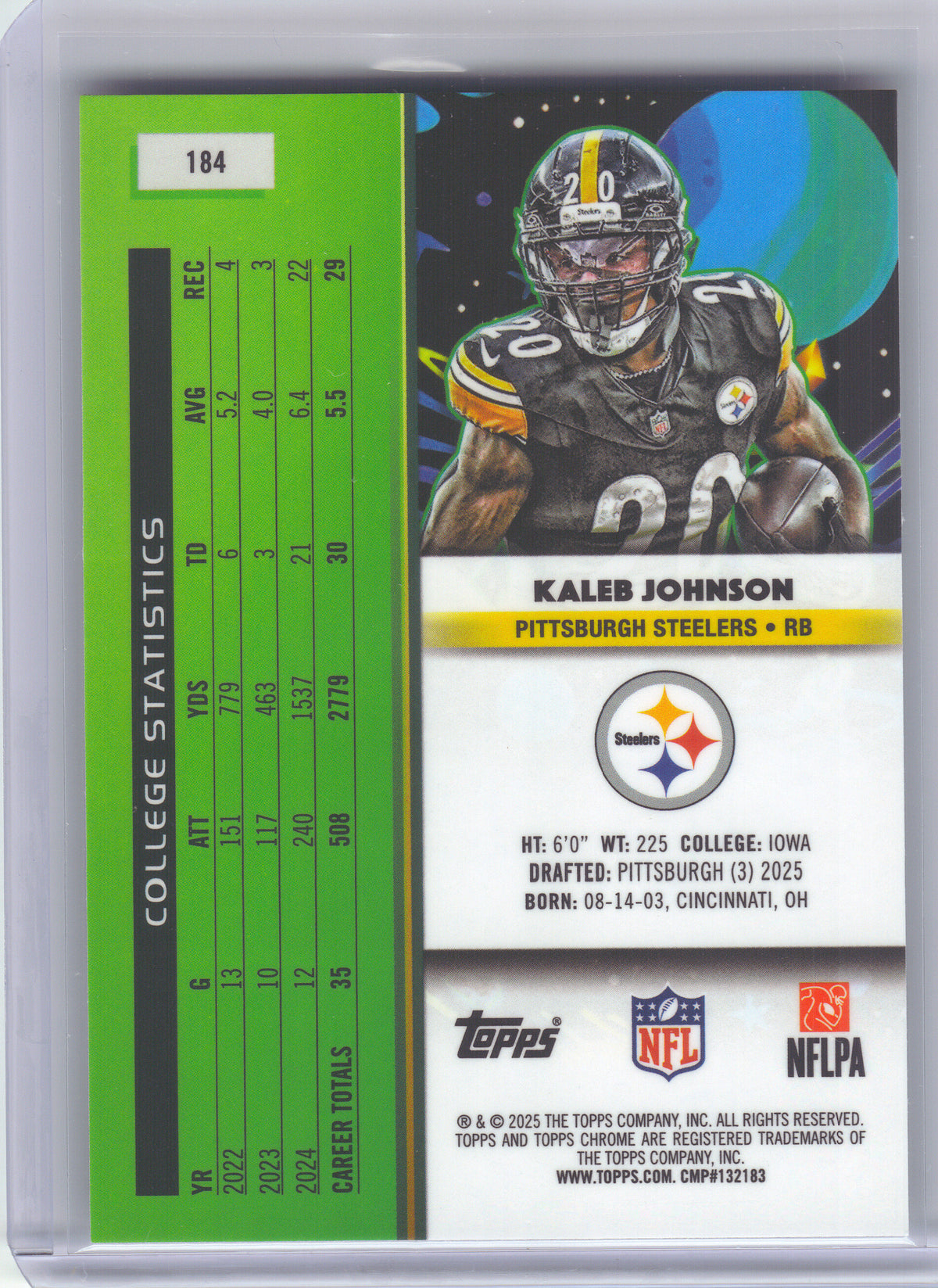 2025 Topps Chrome Cosmic #184 Kaleb Johnson Pittsburgh Steelers RC