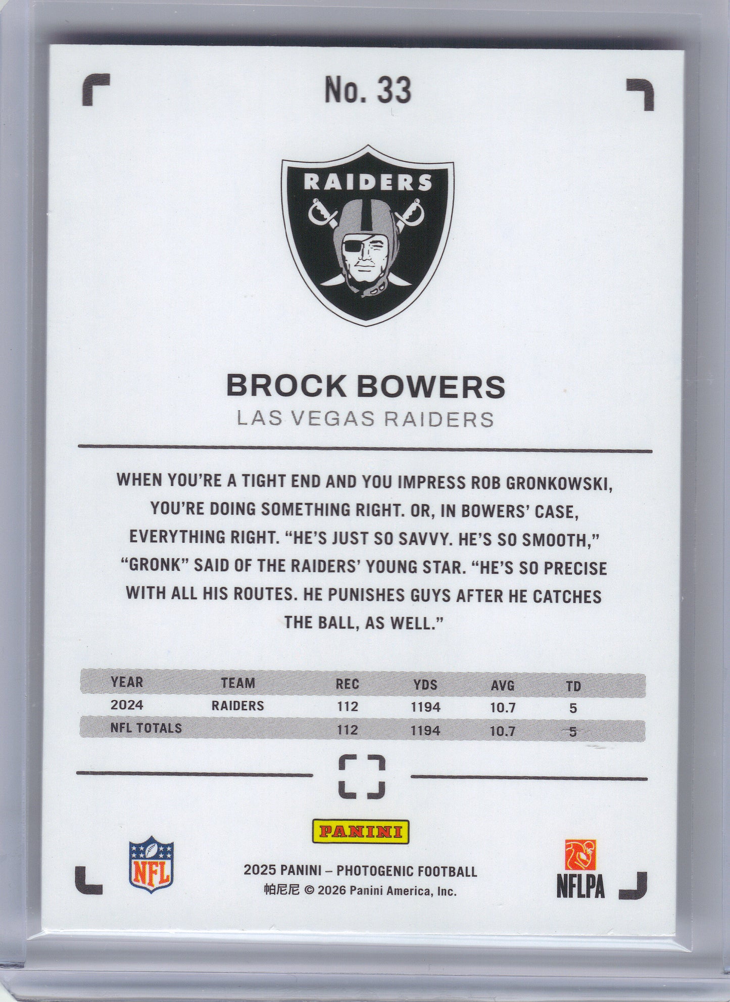 2025 Panini Photogenic #33 Brock Bowers Las Vegas Raiders