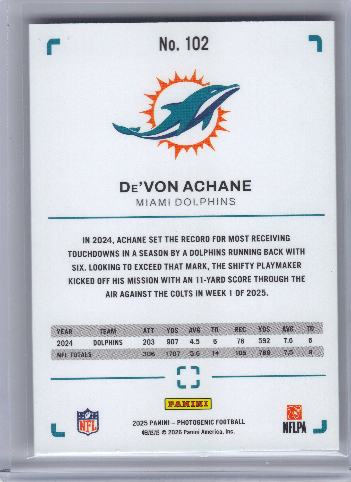 2025 Panini Photogenic #102 De'Von Achane Miami Dolphins