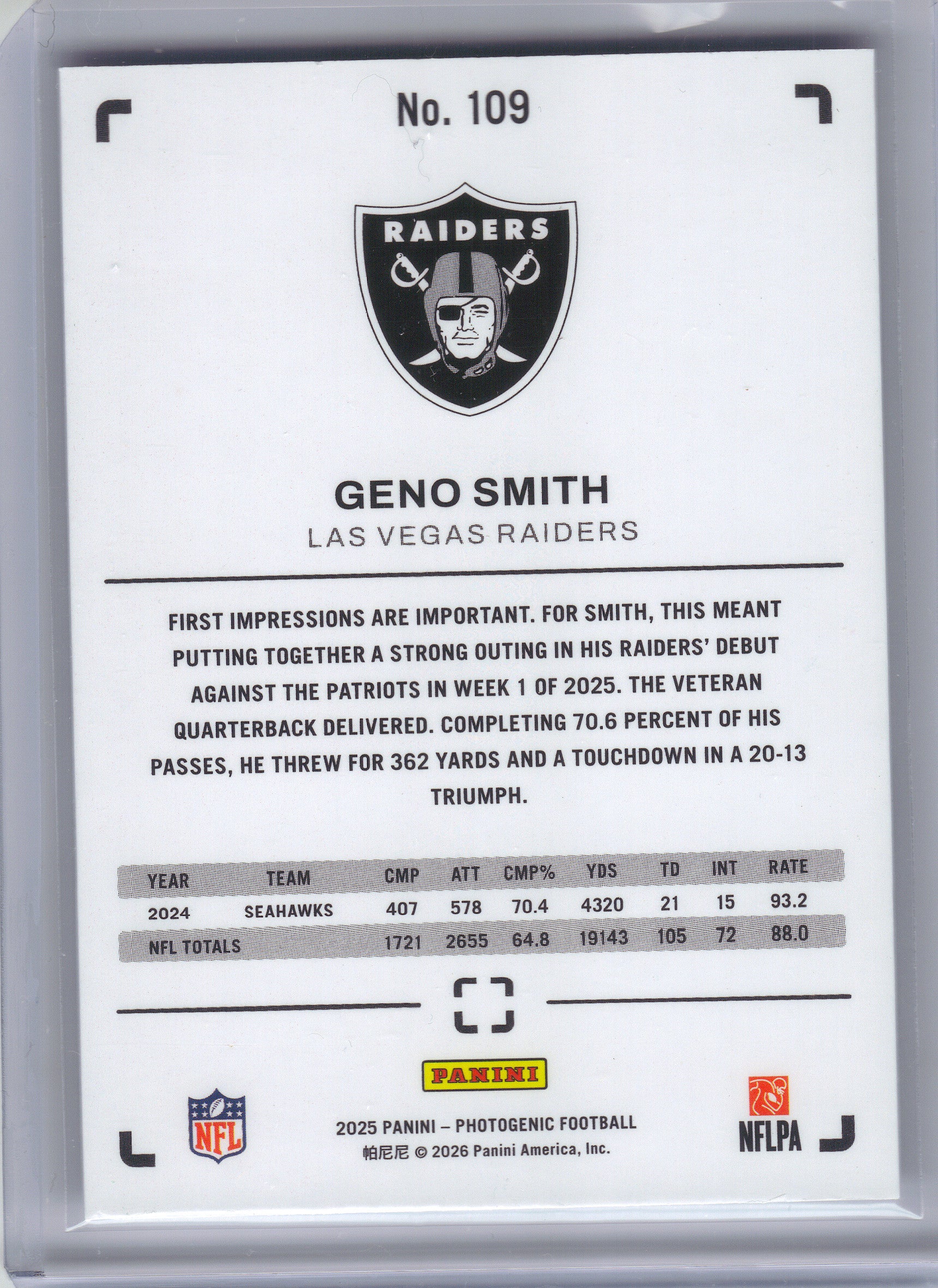 2025 Panini Photogenic #109 Geno Smith Las Vegas Raiders