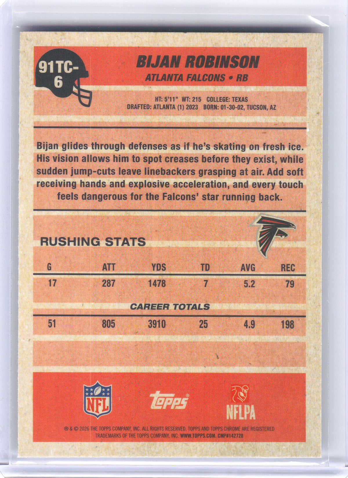 2026 Topps Flagship #91TC-6 Bijan Robinson 1991 Topps Football Chrome Atlanta Falcons