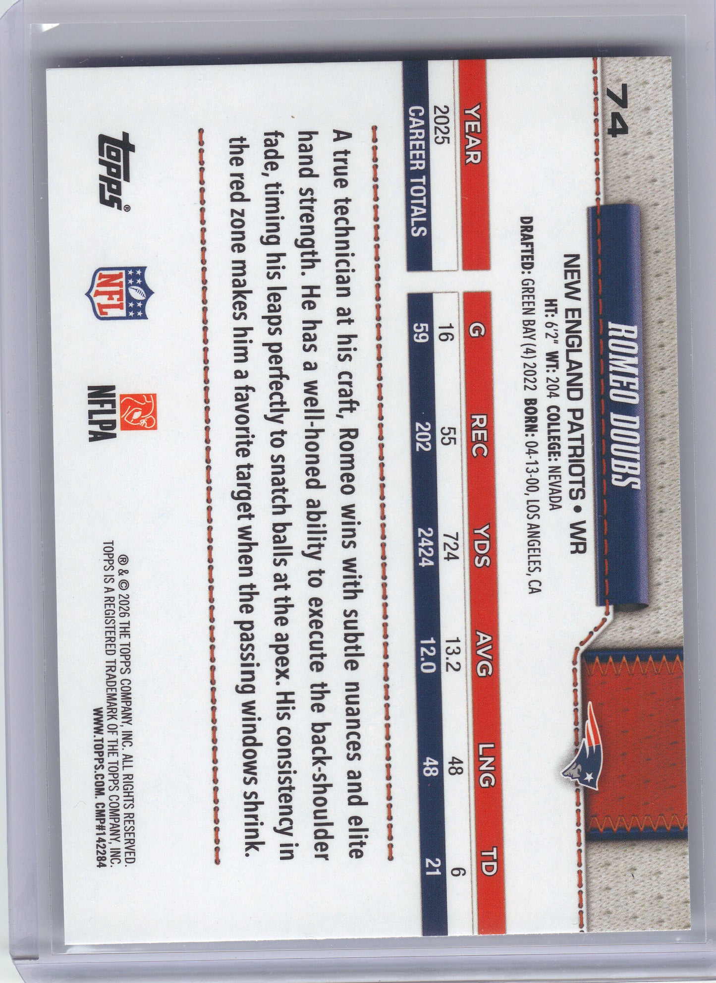 2026 Topps Flagship #74 Romeo Doubs Sandglitter New England Patriots
