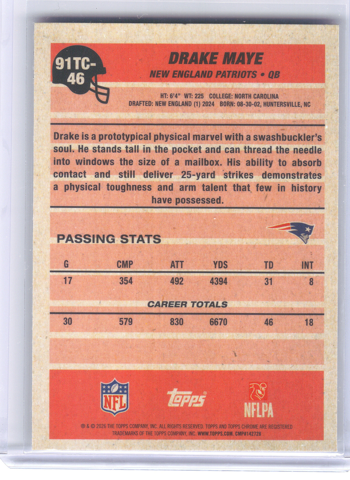 2026 Topps Flagship #91TC-46 Drake Maye 1991 Topps Football Chrome New England Patriots
