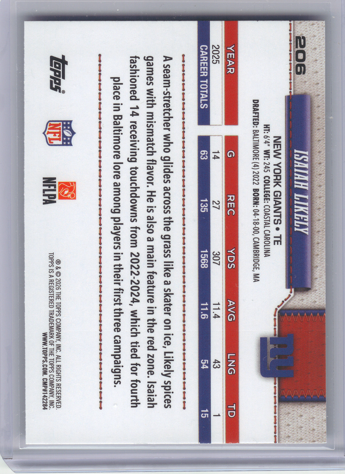 2026 Topps Flagship #206 Isaiah Likely Diamante Foil New York Giants