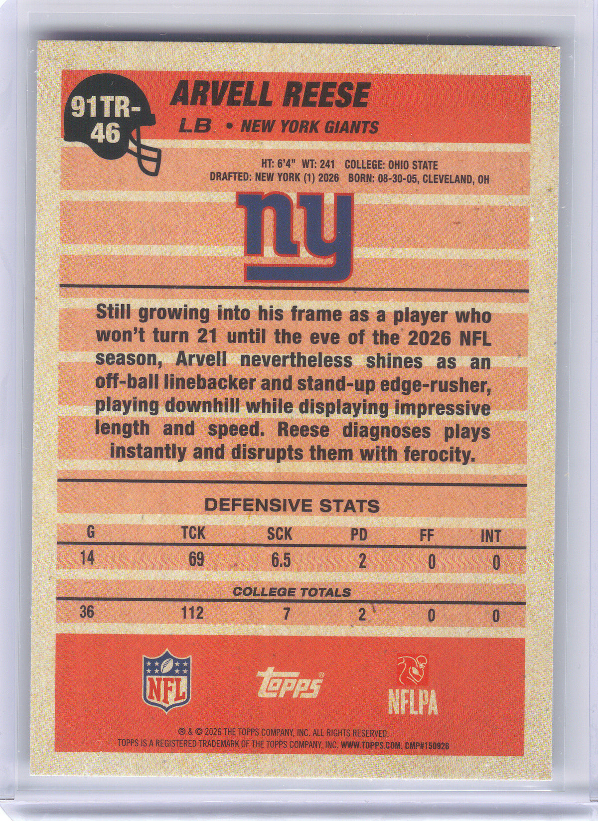 2026 Topps Flagship #91TR-46 Arvell Reese 1991 Topps Football Rookies New York Giants
