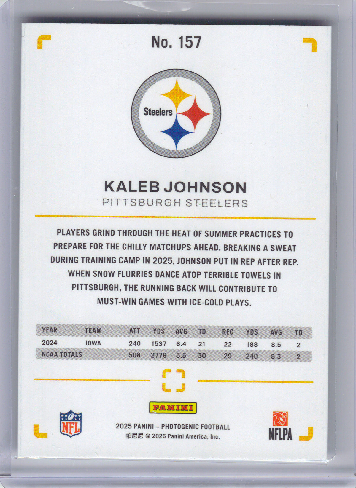 2025 Panini Photogenic #157 Kaleb Johnson Pittsburgh Steelers RC