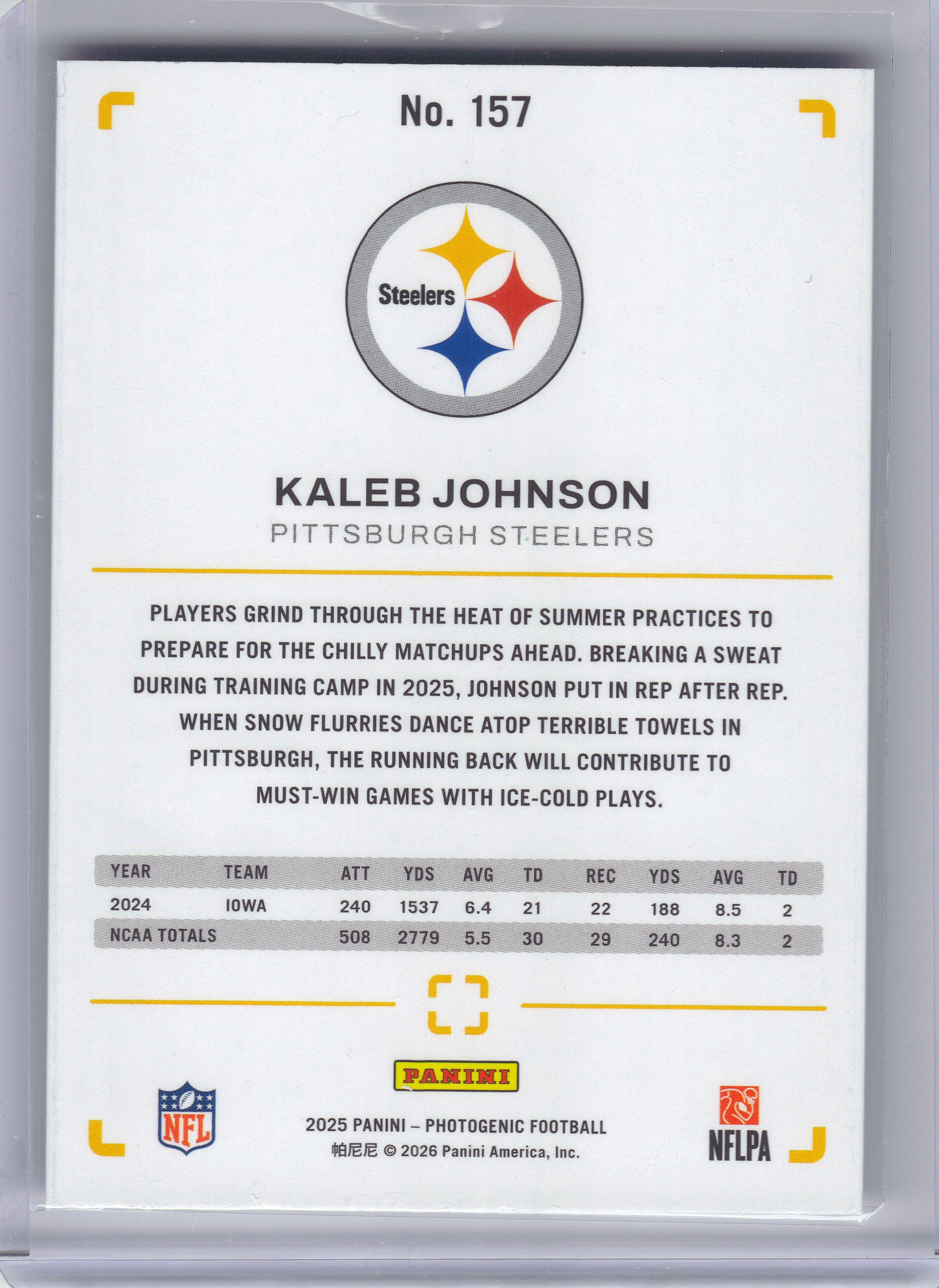 2025 Panini Photogenic #157 Kaleb Johnson Pittsburgh Steelers RC