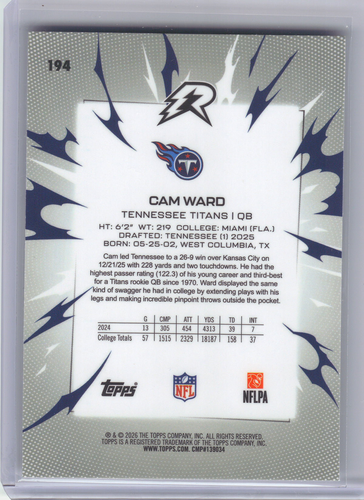 2025 Topps Resurgence #194 Cam Ward Tennessee Titans RC