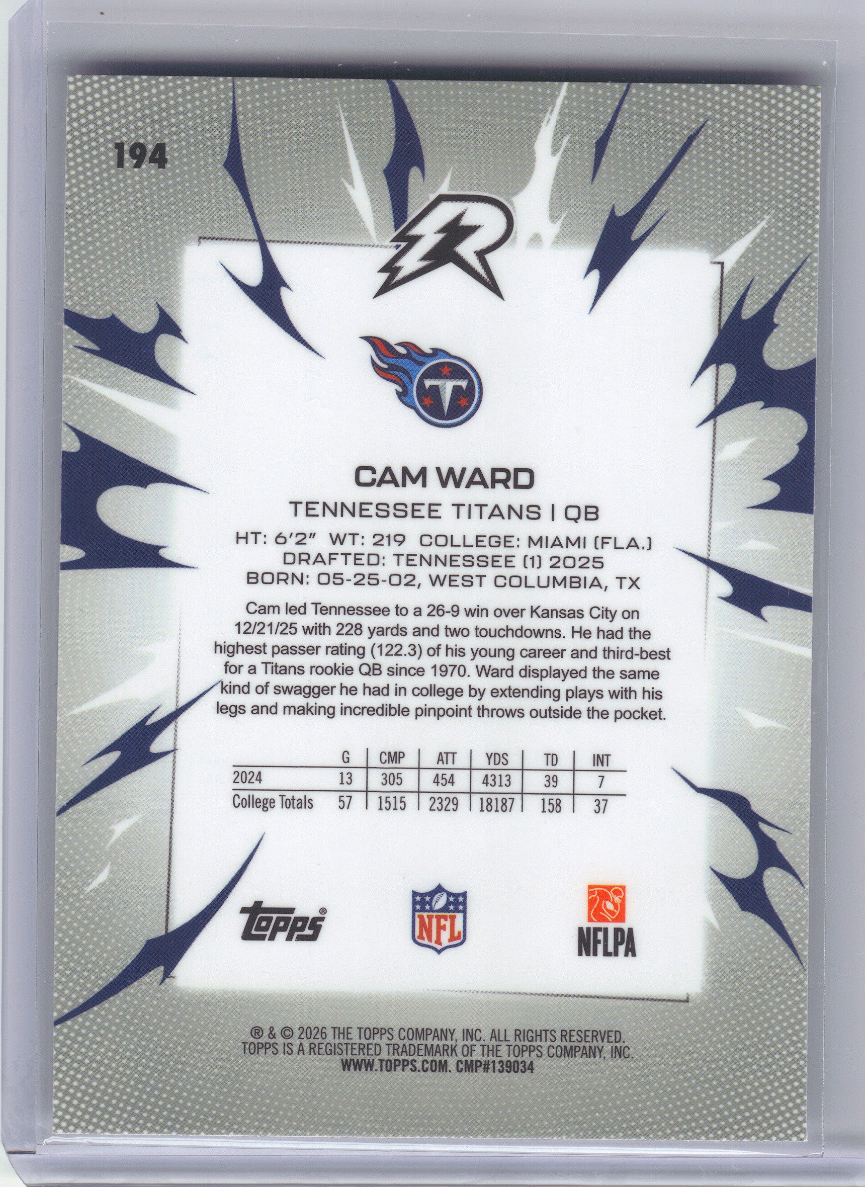 2025 Topps Resurgence #194 Cam Ward Tennessee Titans RC