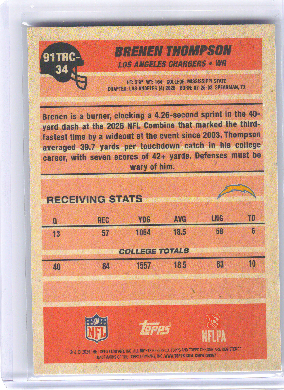 2026 Topps Flagship #91TRC-34 Brenen Thompson 1991 Topps Football Rookies Chrome Los Angeles Chargers