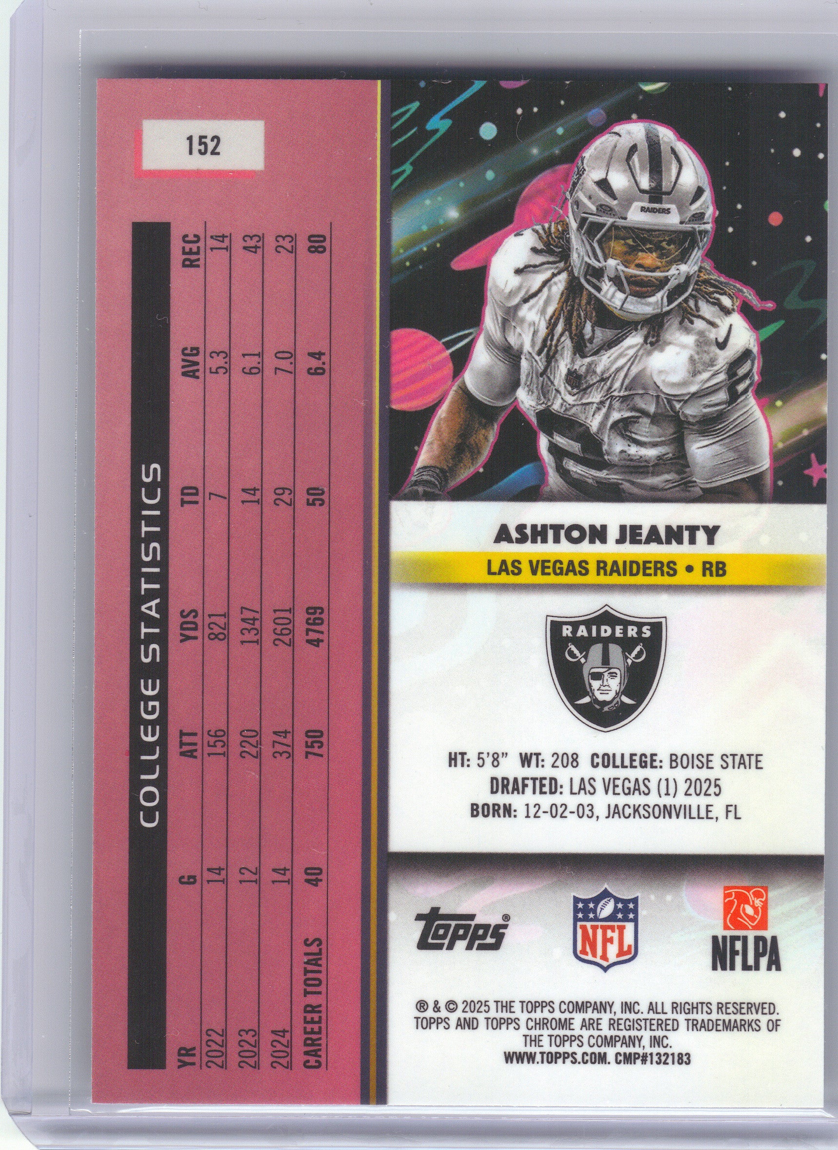 2025 Topps Chrome Cosmic #152 Ashton Jeanty Las Vegas Raiders RC