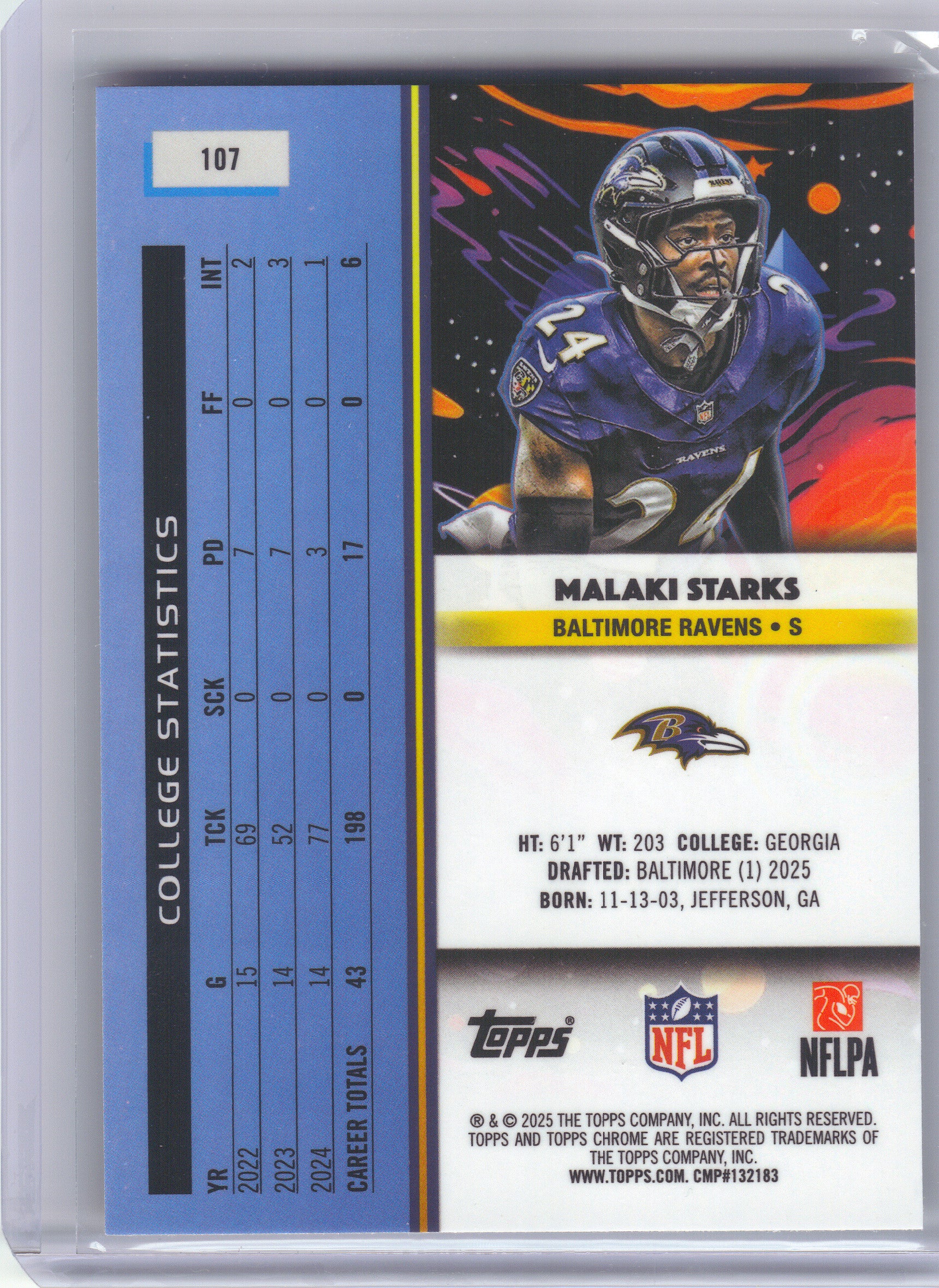 2025 Topps Chrome Cosmic #107 Malaki Starks Baltimore Ravens RC