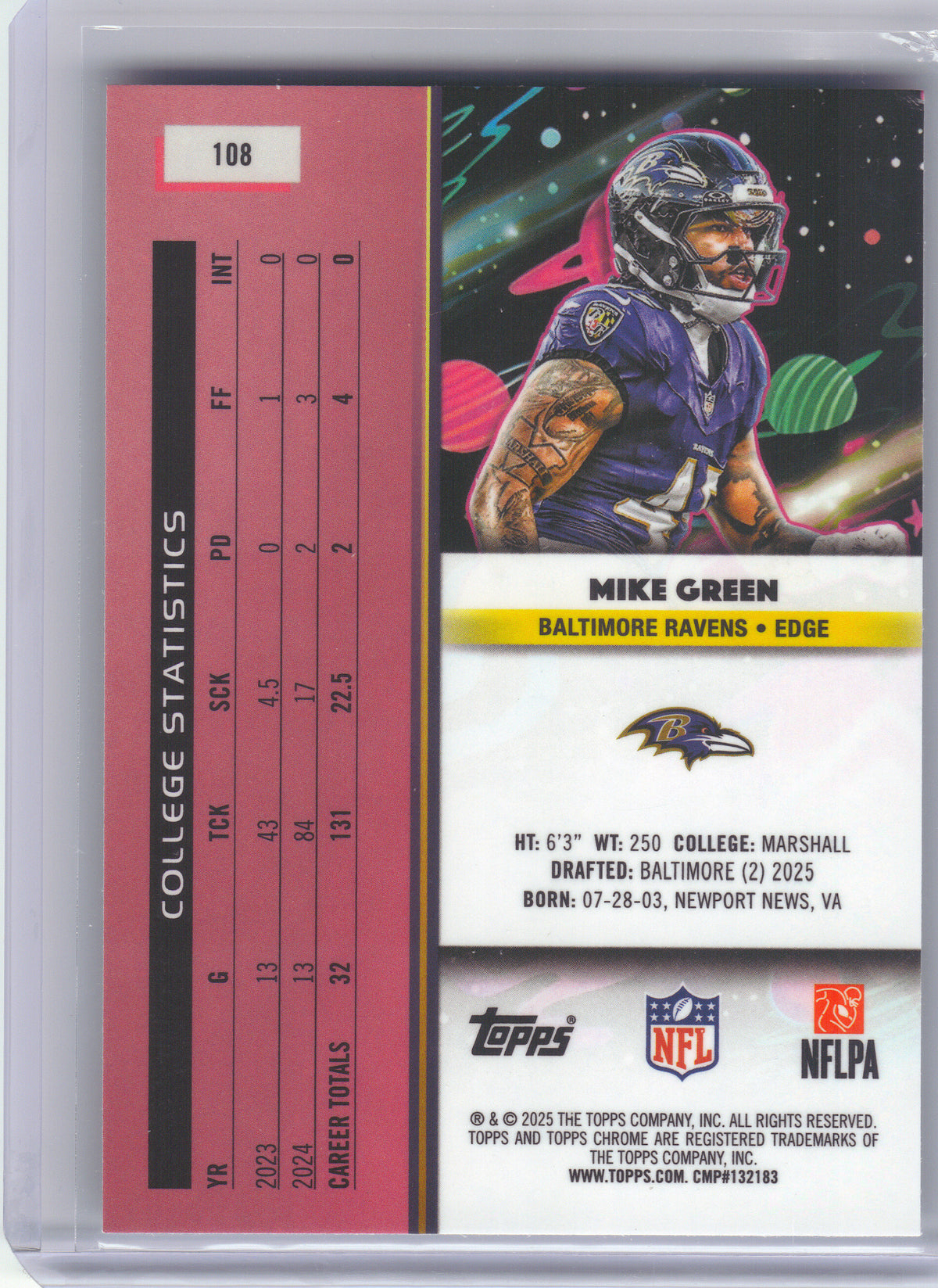 2025 Topps Chrome Cosmic #108 Mike Green Baltimore Ravens RC