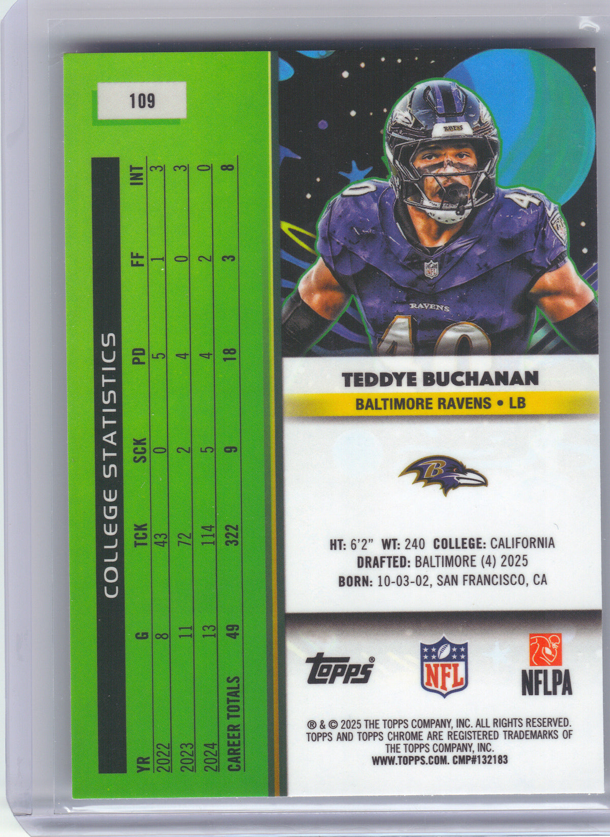 2025 Topps Chrome Cosmic #109 Teddye Buchanan Baltimore Ravens RC