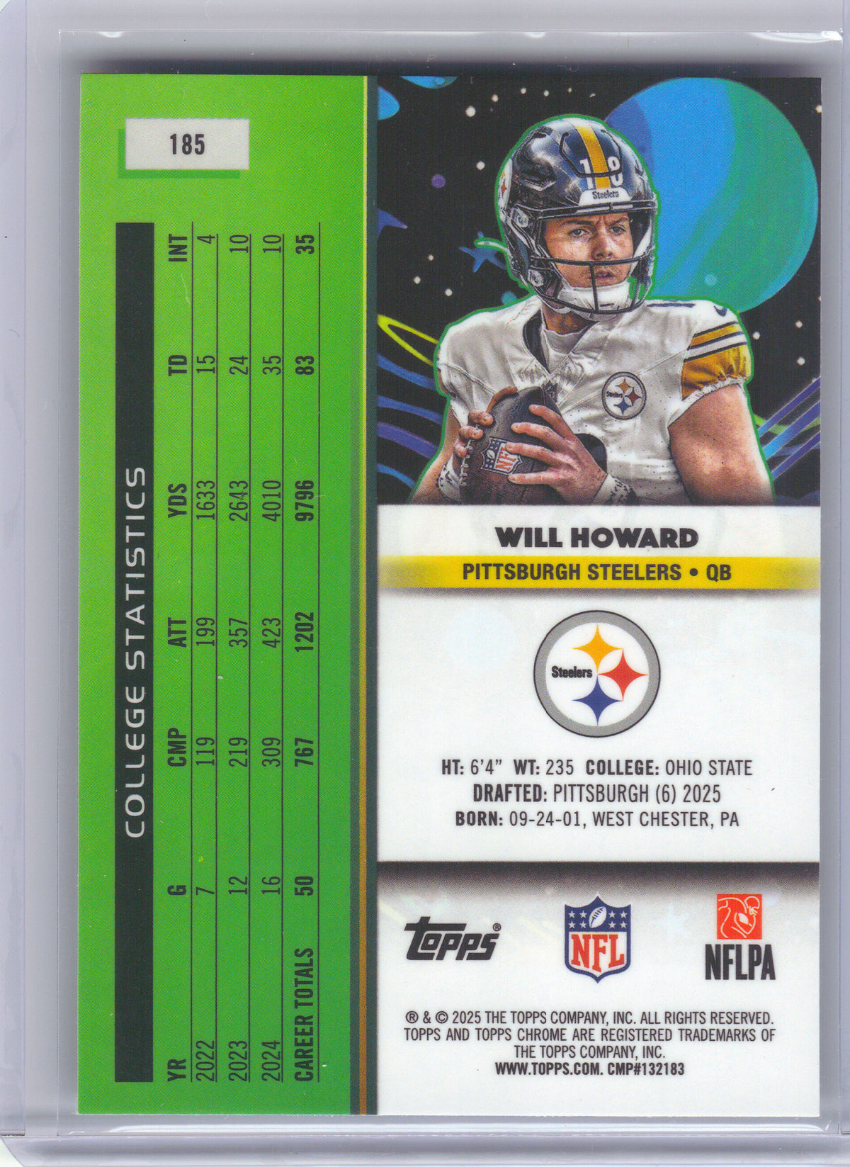 2025 Topps Chrome Cosmic #185 Will Howard Pittsburgh Steelers RC