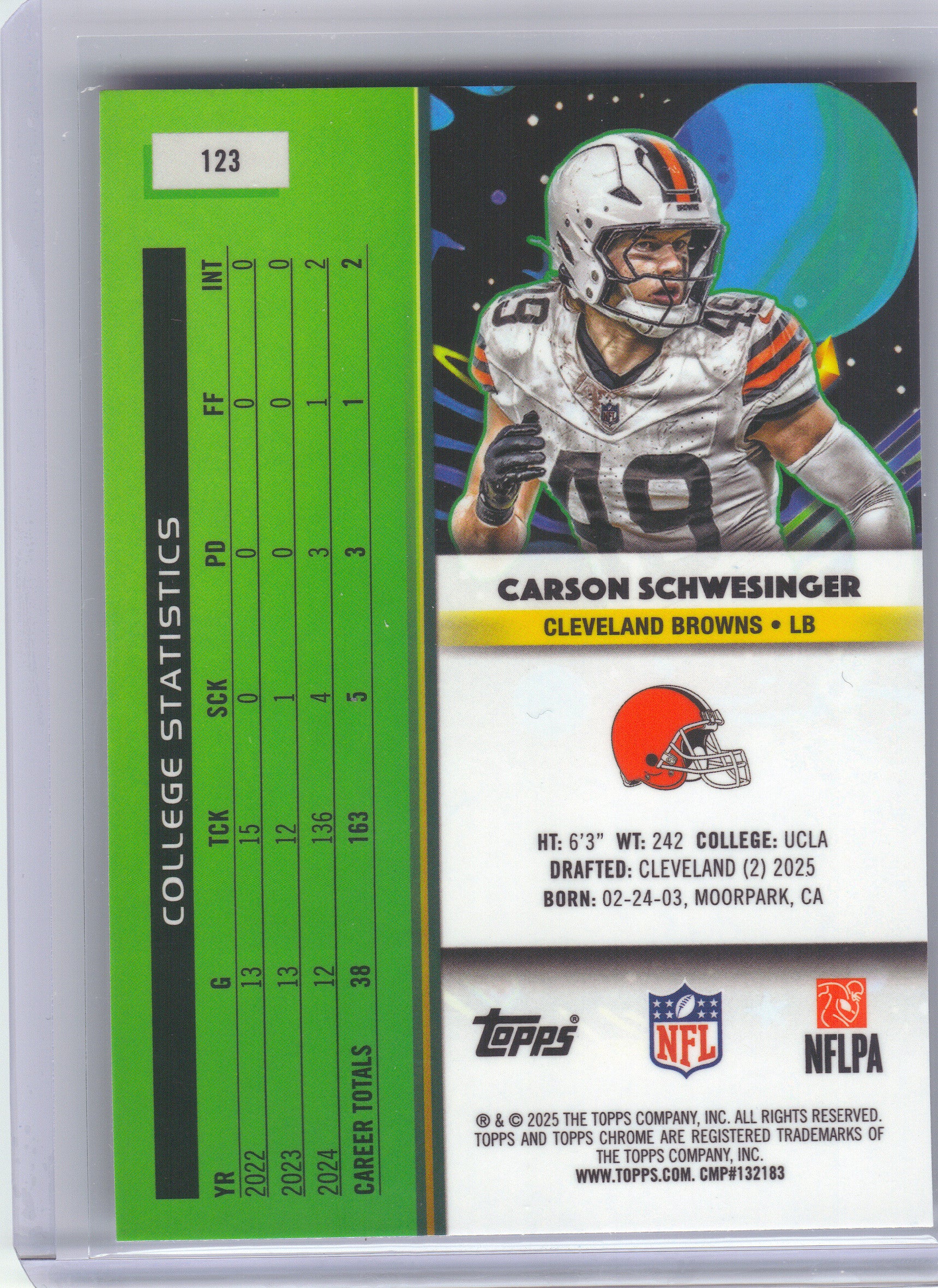 2025 Topps Chrome Cosmic #123 Carson Schwesinger Purple Nebula Refractor #/150 Cleveland Browns SN, RC