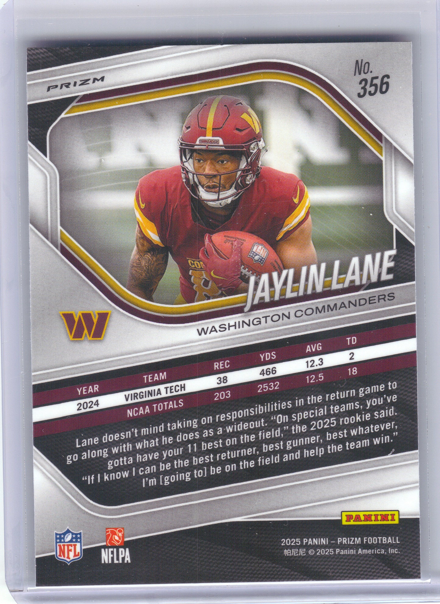2025 Panini Prizm #356 Jaylin Lane Silver Washington Commanders