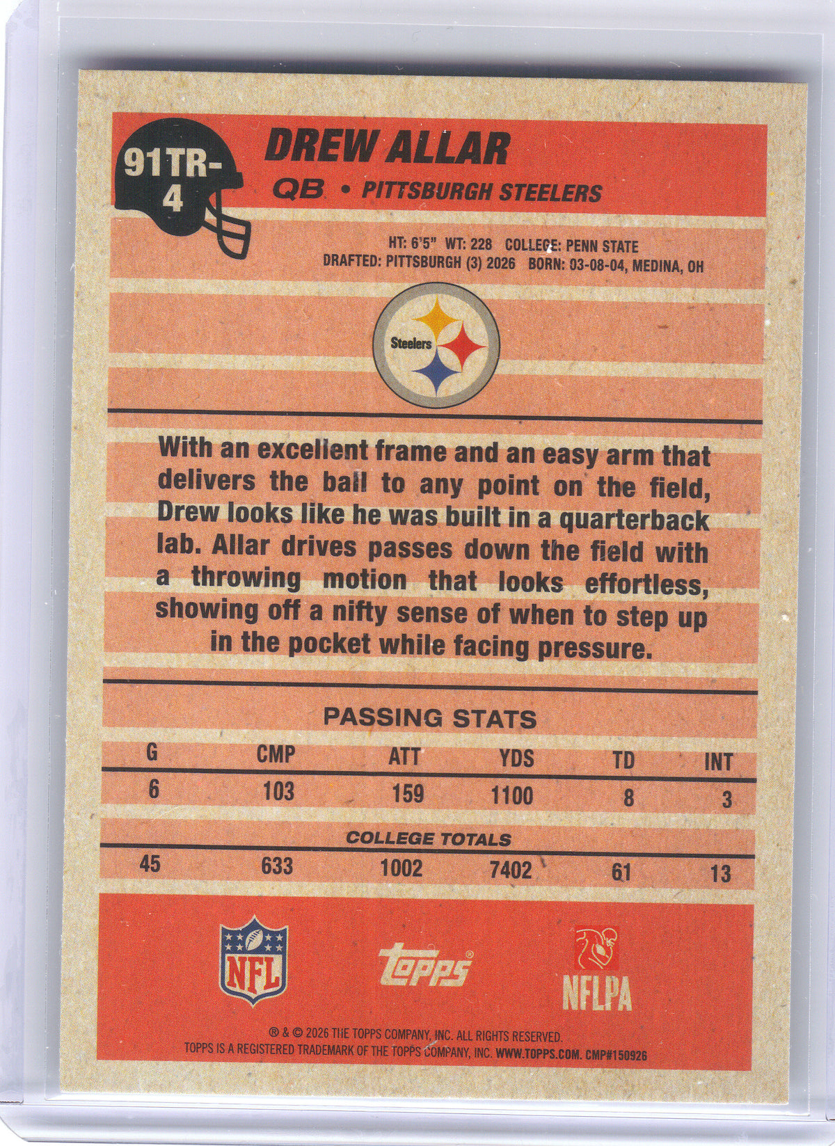 2026 Topps Flagship #91TR-4 Drew Allar 1991 Topps Football Rookies Pittsburgh Steelers