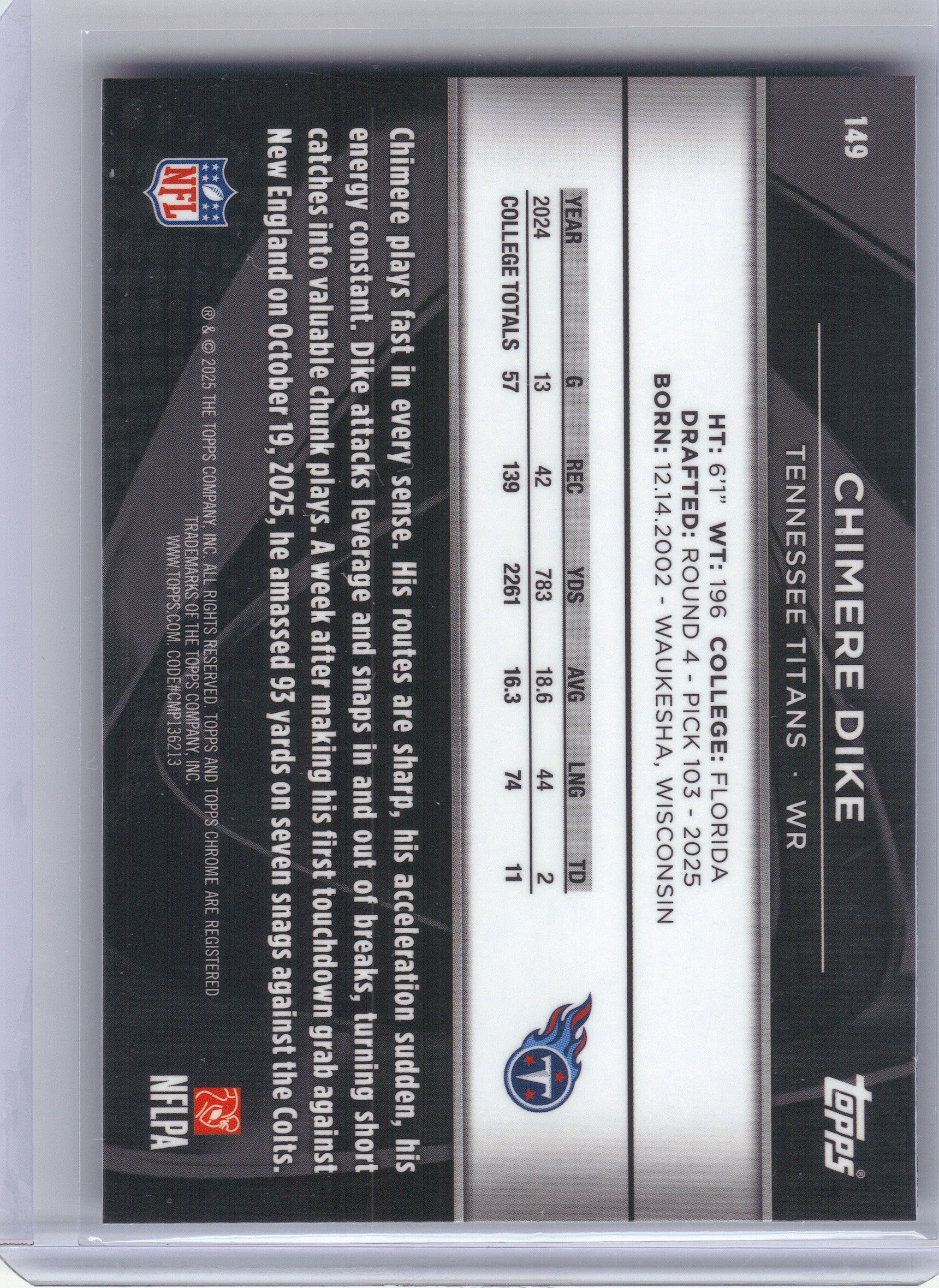 2025 Topps Chrome Black #149 Chimere Dike Tennessee Titans RC