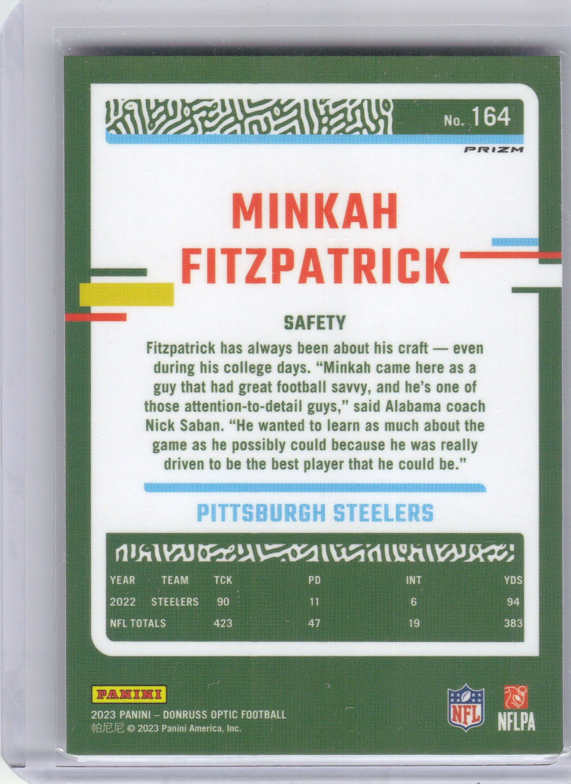 Minkah Fitzpatrick Pittsburgh Steelers 2023 Donruss Optic - Stars #164 (Back)