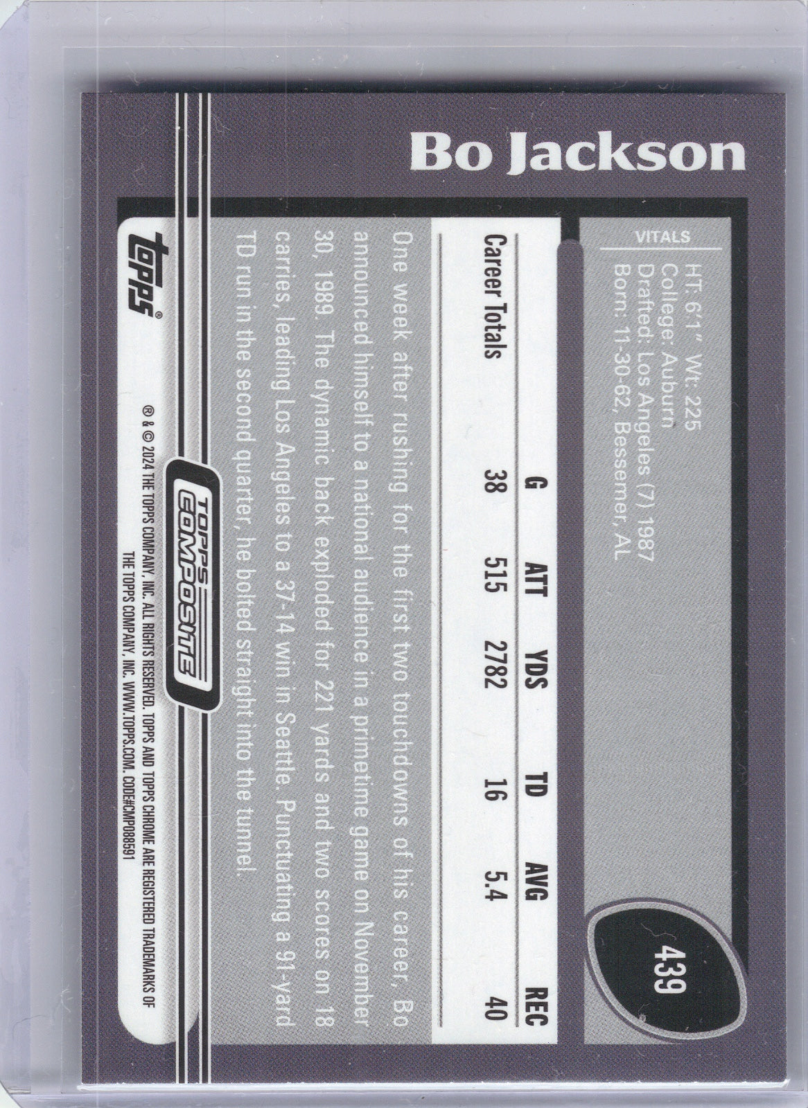 Bo Jackson Los Angeles Raiders 2023 Topps Composite #439 (Back)
